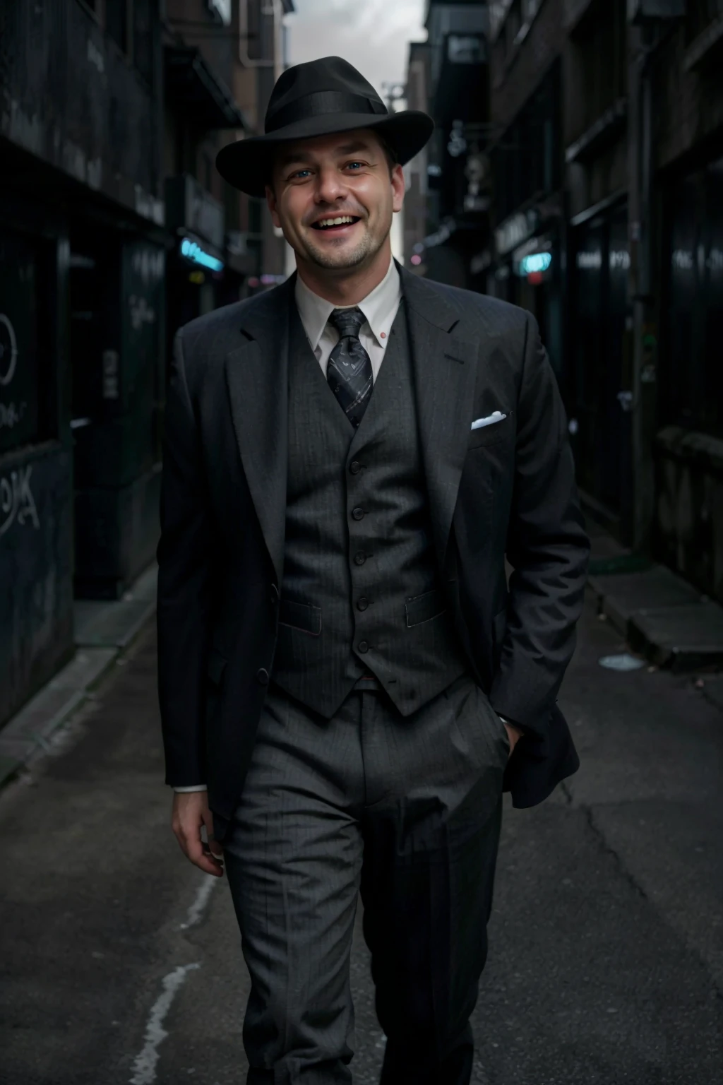 1940s Fashion, professional photo of (open mouth) laughing fat short 44yo (man) in black suit (jacket) with hat and vest, 4k, 8k, high quality, perfect lighting, detailed face and detailed eyes, skin detail,  solo focus, photography raw, alleyway night, perfect lighting,  clean smooth skin, full body, looking at camera, detailed eyes, pretty face, full body standing, photoshoot, <lora:1940sFashion-000002:0.7>