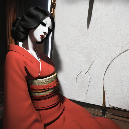 The Lady, Little Nightmares, The Lady (Little Nightmares), Red kimono, Porcelain mask, Tall woman, easynegative, negative_hand, ng_deepnegative_v1_75t, dark room,