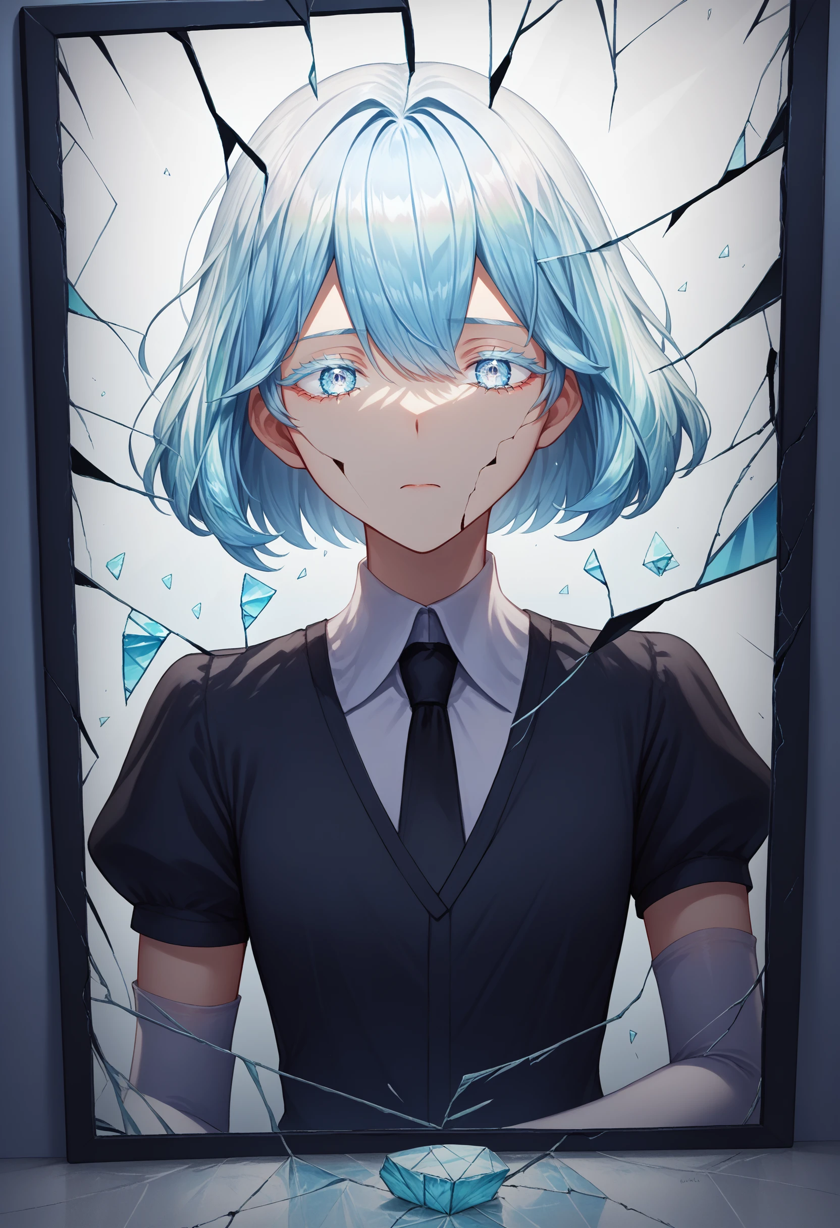 score_9, score_8_up, score_7_up, source_anime, 1girl, shattered, crack, cracked skin, broken glass, <lora:ShatteredGlass_XLPD:1>, <lora:Hoseki_HousekiNoKuni_Diamond_PDXL_v1:0.8> hskdmnd, crystal hair, colored eyelashes, multicolored hair, short hair, black shirt, puffy short sleeves, collared shirt, black necktie, elbow gloves, white gloves, black shorts, mirror,