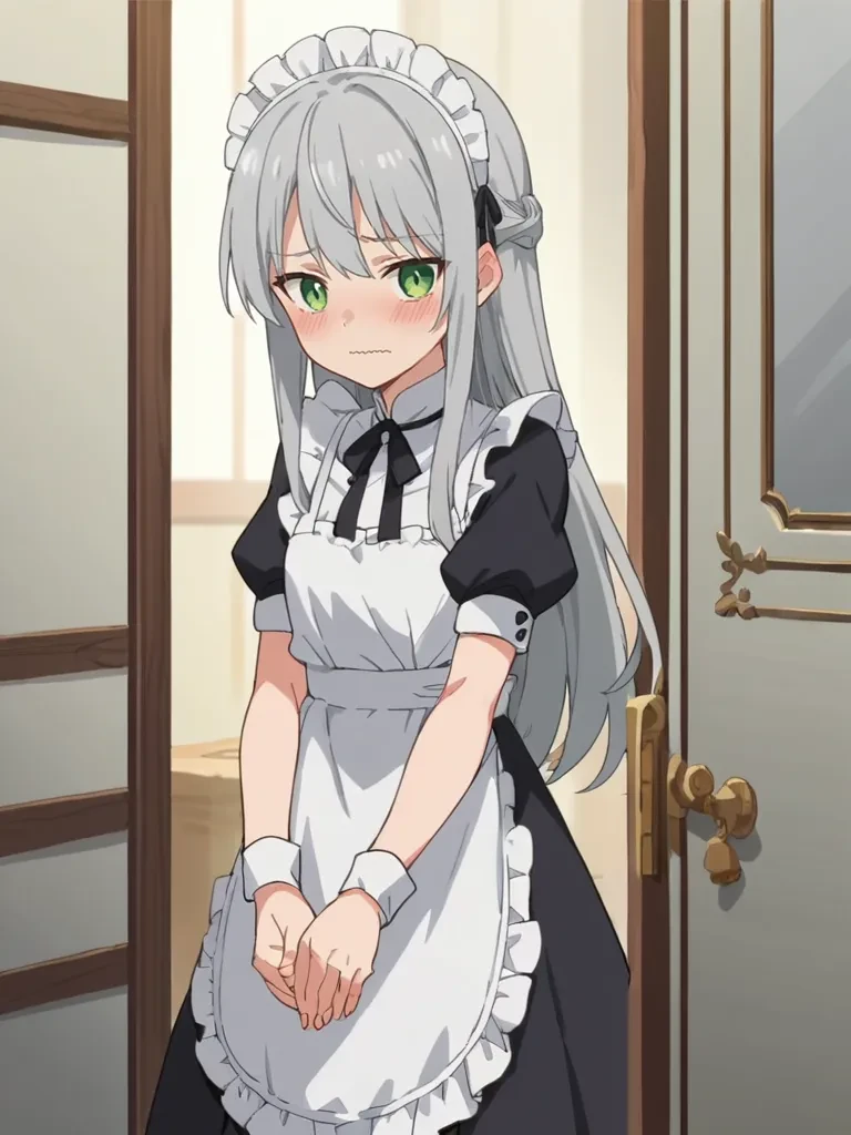 score_9, score_8_up, score_7_up, source_anime, 2D, flat colors, flat shadows, anime_screencap, <lora:lalabidunpony:0.8>,
1girl, solo, ciellalanciel, grey hair, long hair, hair down, green eyes, headress, maid outfit, indoors, corridor, wavy mouth, blush, standing