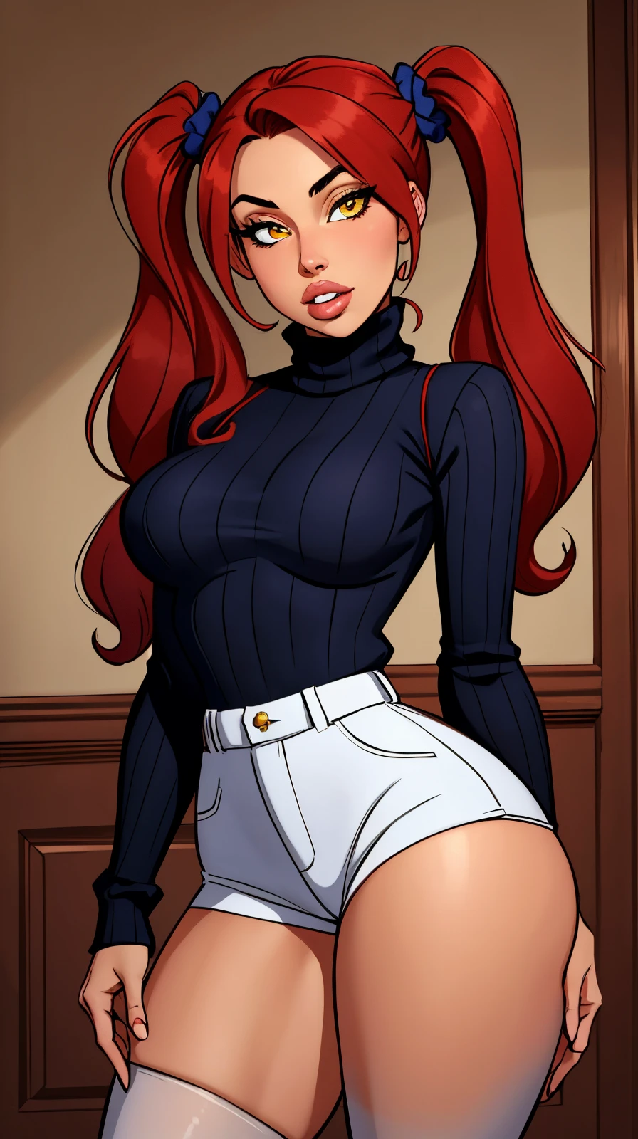 masterpiece, best quality, 1girl, solo, redhair, twintails, very long hair, yellow eyes, hair scrunchie, looking at viewer, lips, parted lips, cowboy shot, pantyhose, short shorts, turtleneck, ribbed sweater,