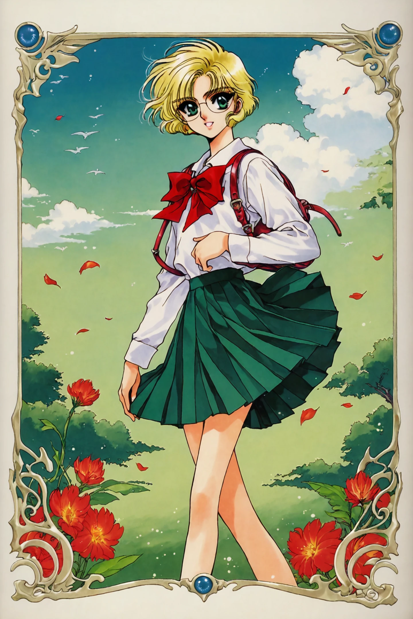 score_9,score_8_up,score_7_up,masterpiece,best quality,very aesthetic,absurdres,official art,official style,
Hououji Fuu,green theme,school uniform,retro artstyle,blonde hair,1girl,solo,glasses,1990s \(style\),skirt,short hair,green eyes,wind,
<lora:Magic knight Rayearth_XL_PONY:0.8>,