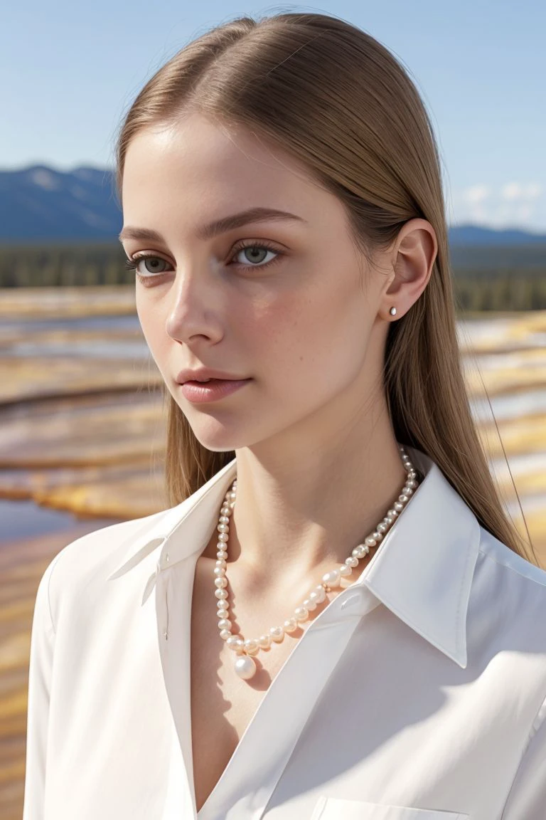 European woman, closeup, (shirt), pants, (yellowstone), pearl necklace , ZM_margarida, wide shoulders, perfect face, (contact iris: 1.1), pale skin, skin pores , depth of field