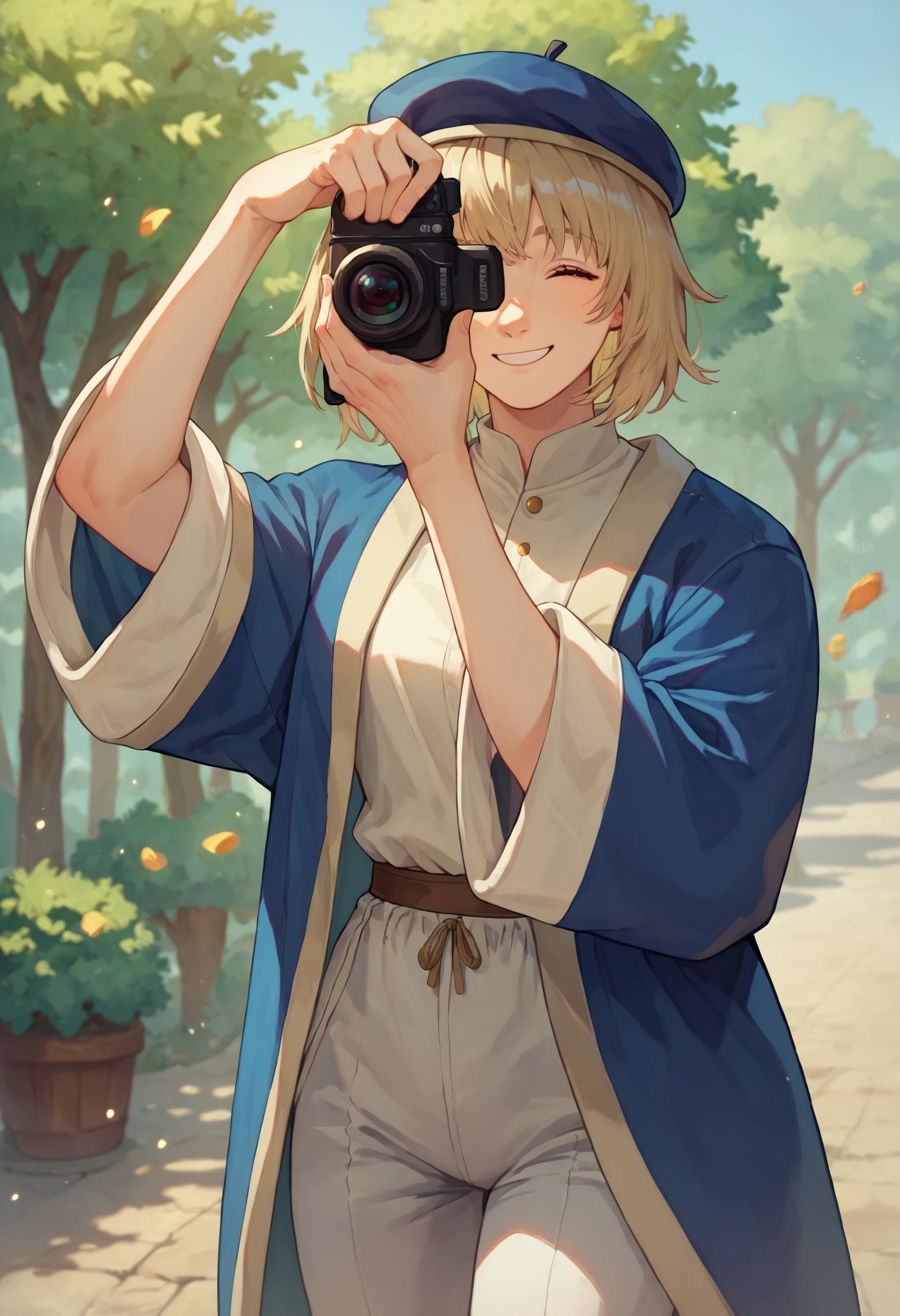 score_9_up score_8_up score_7_up, 1girl, holding camera, smile, one eye closed, falin, blue jacket shirt robe white pants wide sleeves, blue headwear, beret
<lora:holding_camera2_d16:1>
<lora:falin_marcille_pony_d16:1>