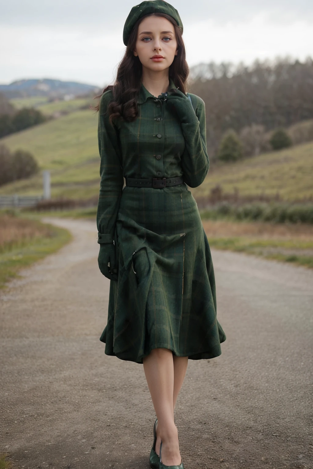 1940s Fashion, professional photo of 30yo woman green (tartan) dress long, beret, clothing details, (shoes), (standing),4k, 8k, high quality, perfect lighting, detailed face and detailed eyes, skin detail,  solo focus, photography raw, (1940s landscape background), perfect lighting,  clean smooth skin, looking at camera, detailed eyes, pretty face, full body standing,   <lora:1940sFashion-000002:0.6>,