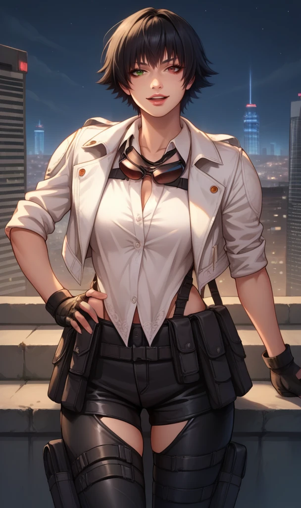 score_9, score_8_up, score_7_up, score_6_up, source_anime, BREAK masterpiece, LadyDMC5, cropped jacket, white shirt, fingerless gloves, eyewear around neck, thigh cutout, thigh gap, short hair,heterochromia, green eyes, red eyes, seductive smile, hand on own hip, night, cityscape, rooftop,parted lips, open mouth, black hair, 