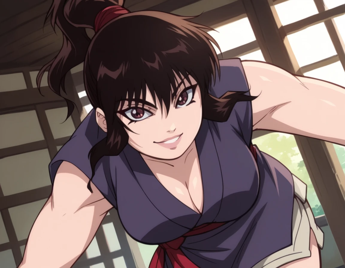 score_9, score_8_up, score_7_up, source_anime,
okoi, <lora:okoi-s1-ponyxl-lora-nochekaiser:1>,
okoi, black hair, brown eyes, ponytail,
cleavage, ninja, japanese clothes, sleeveless,
indoors, dojo, bent over, smile,
cowboy shot, looking at viewer, solo, dutch angle,