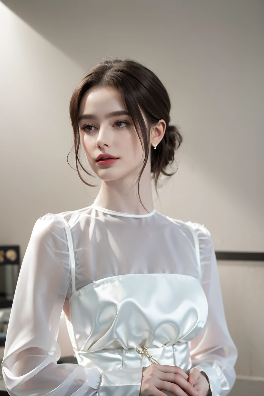 1girl, earrings, lips, own_hands_together, realistic, solo, short_hair, simple_background, brown_hair, black_hair, long_sleeves, dress, jewelry, upper_body, white_dress, see-through, jupe translucide<lora:tou:1:lbw=OUTD> <lora:dashataran:1:lbw=face>