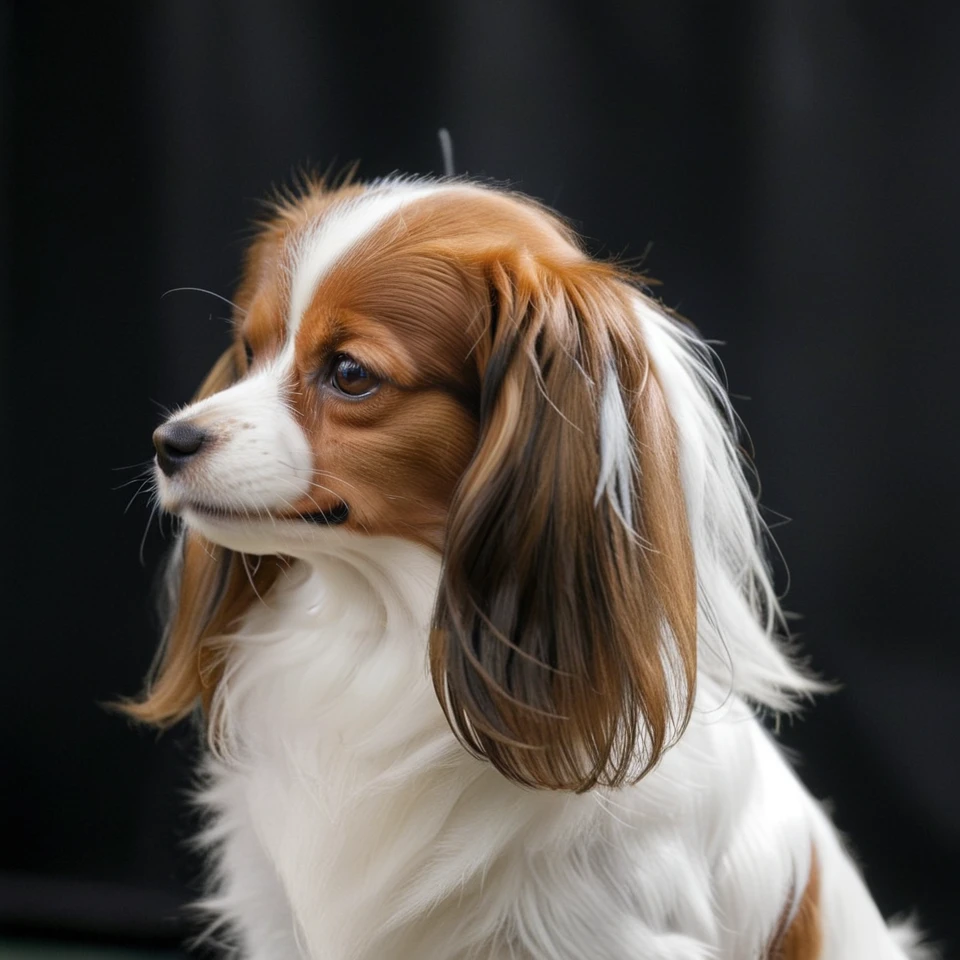 realistic upper body photograph of head (profile:1.1) of brown-white continental toy spaniel (Phalene:1.1)  dog having (long-hair ears:1.3) (head:1.1), The dog has a narrow white blaze between the eyes, the dog's forehead hangs over its muzzle
BREAK illustration, flat vector graphics, (monochrome two colors:1.2), thin sharp outline, sticker imitation, NOBLEDOGS_CTS  <lora:NOBLEDOGS_CTS-000017:0.65>