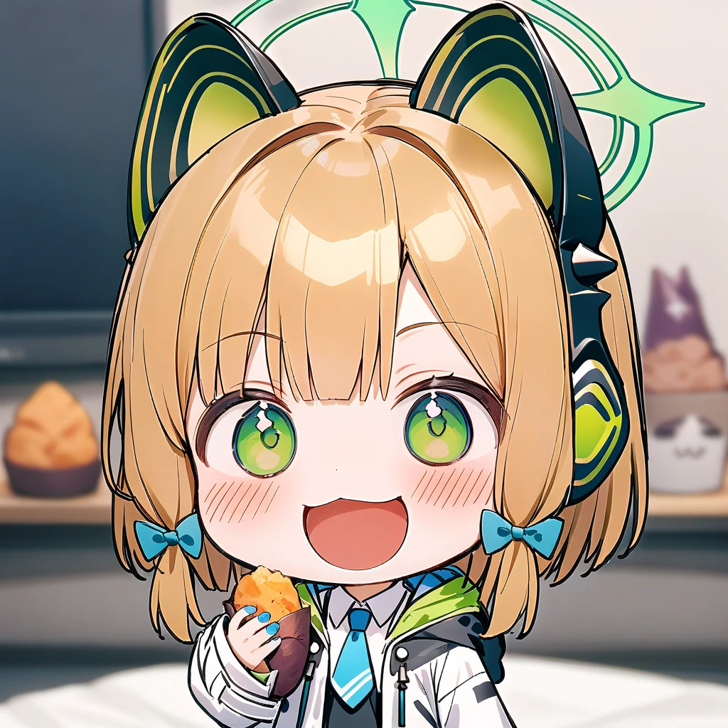 smile, :d, chibi,full body, 1girl, (masterpiece),(best quality),1girl,midori \(blue archive\),blue archive,aiamu iamu,holding food,holding,hooded jacket,food,sidelocks,:d,collared shirt,blurry,long sleeves,puffy sleeves,headphones,blue bow,hand up,necktie, halo,looking at viewer,jacket,sleeves past wrists,blush,nail polish,blue necktie,animal ear headphones,blurry background,blonde hair,shirt,green eyes,hood down,open clothes,depth of field,hood,smile,white jacket,fake animal ears,bow,puffy long sleeves,open jacket,solo,dress shirt,animal ears,white shirt,blue nails,hair bow,long hair,drawstring,sweet potato,