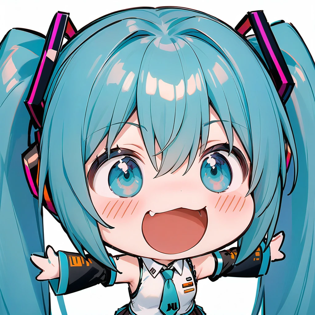 smile, :d, chibi,(masterpiece),(best quality),1girl, hatsune miku, twintails, necktie, solo, skirt, shirt, aqua hair, black skirt, aqua eyes, detached sleeves, long hair, sleeveless, white shirt, open mouth, white background, aqua necktie, black sleeves, sleeveless shirt, outstretched arms, very long hair, blush stickers, pleated skirt, hair ornament, miniskirt, bare shoulders, musical note