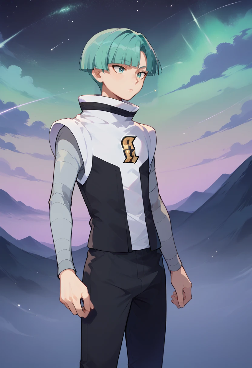 score_9, score_8_up, score_7_up, masterpiece, best quality, amazing quality, best aesthetic, ,absurdres,intricate details,galaxy grunt, green hair, green eyes, white boots, black pants, long sleeves, grey shirt, vest, 1boy<lora:EMS-373804-EMS:0.800000>, <lora:EMS-382820-EMS:1.000000>