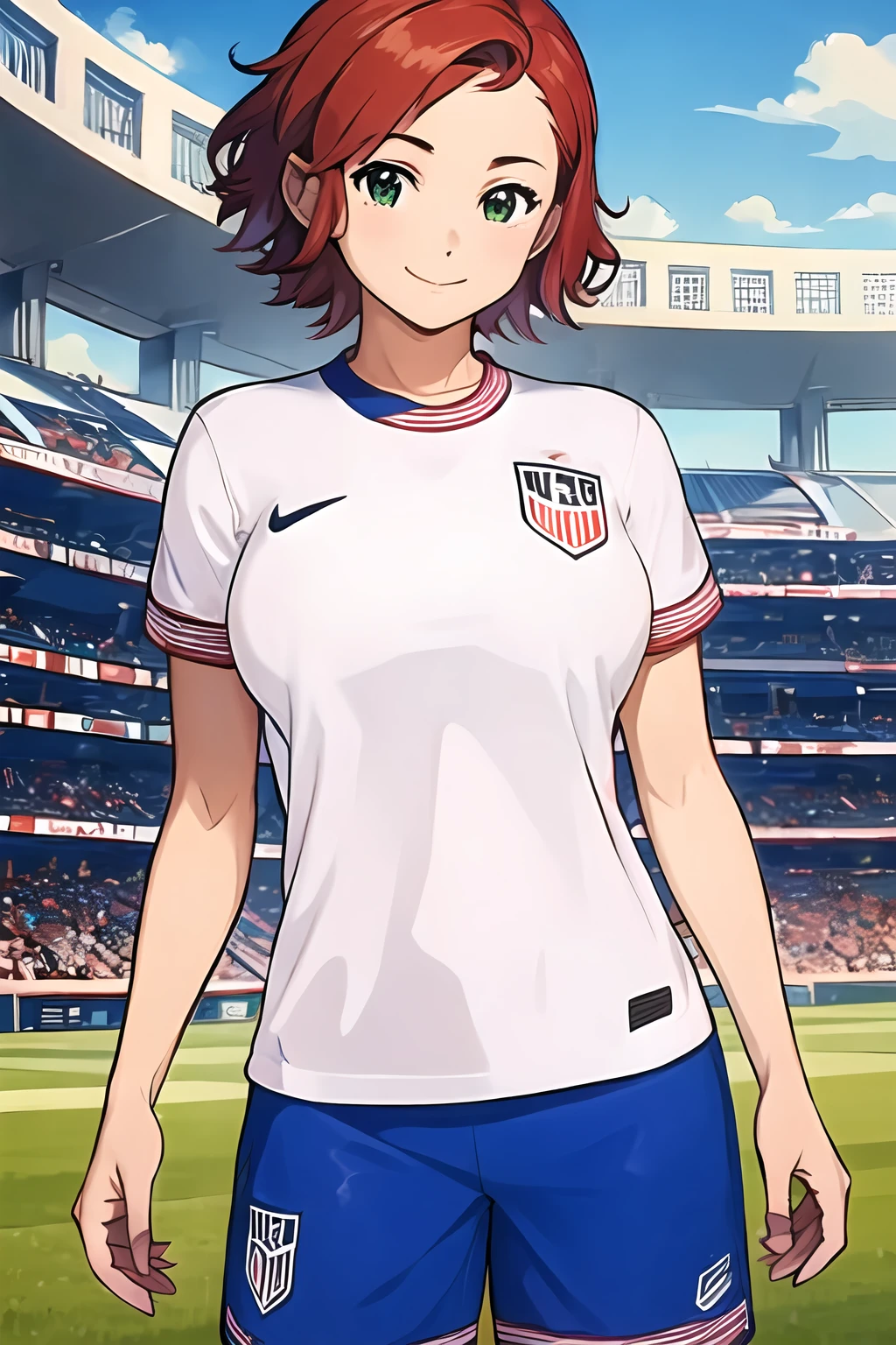 <lora:SC-U54S0C_Shirt_2024:1>, u54s0c, sportswear, soccer uniform, white shirt, shorts, (cowboy shot:1.2), 1girl, red hair, short hair, smile, (stadium:1.2), green field, massive breasts, (best quality), (ultra-detailed), (best illustration)