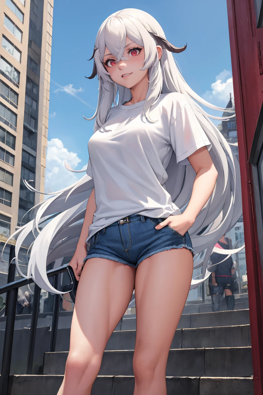 girl, tube top, micro shorts ,((flat chest)),slender,long hair,(),white hair, city street