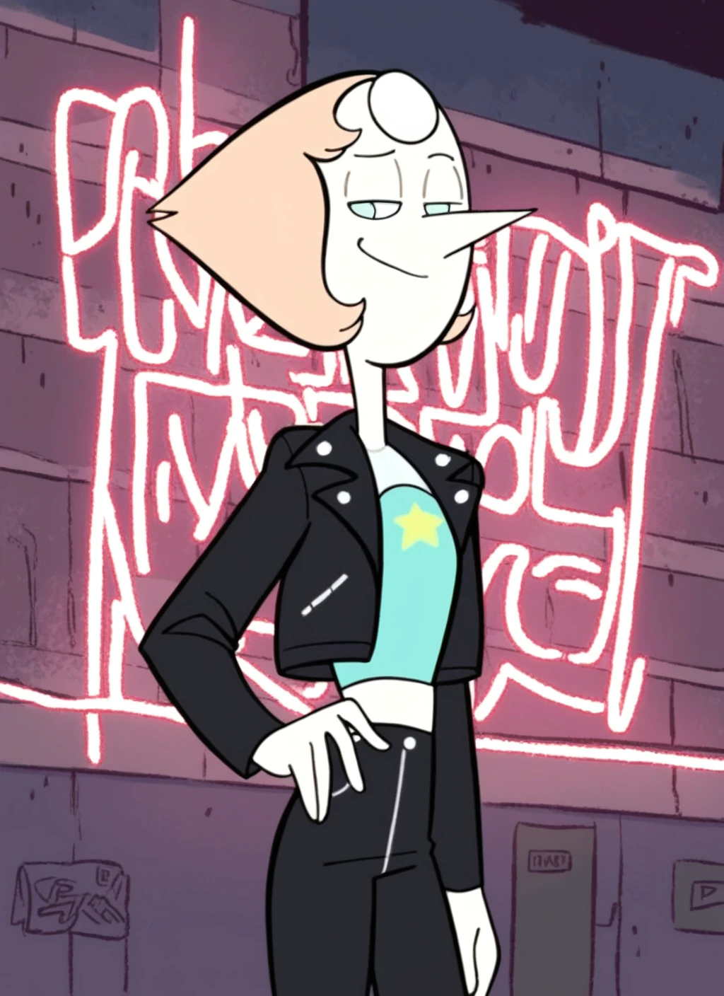 score_9, score_8_up, score_7_up, highly detailed, Pearl, flat chest, black leather jacket, midriff, black leather pants, rating_questionable, source_anime, smug, sustl, neon lights BREAK best quality, masterpiece, cartoon, e621, digital_art <lora:Stevenuniverse-style-pdxl-4:1.0>