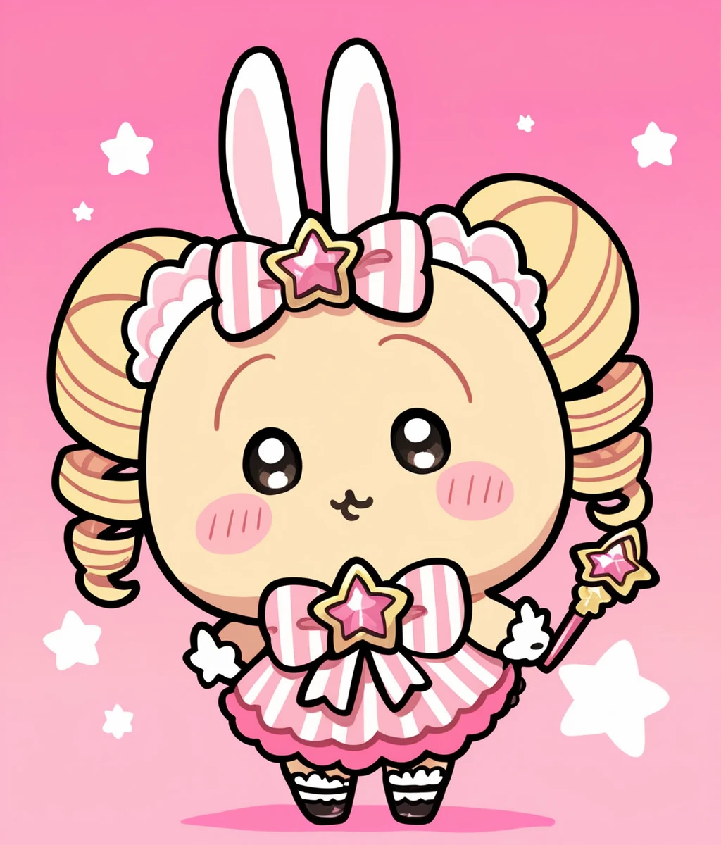 Score_9,score_8_up,score_7_up,source_anime,1girl,solo,bunny,chibi,no humans,furry,:3,beige,blush stickers,ribbon-trimmed_bow,cuteg,cartoonized,looking at viewer,magical_girl,twintails,drill hair,holding_wand,gradient skirt,star wand,battle,henshin pose,alternate form,glowing,pink background,<lora:Role_Usagi_Chiikawa>,