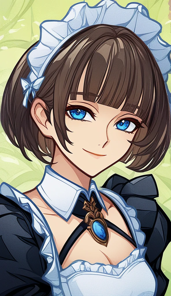 score_7_up, <lora:GITCGv1:1>, GITCG, 1girl, solo, looking at viewer, smile, short hair, bangs, blue eyes, brown hair, black hair, dress, closed mouth, upper body, blunt bangs, maid, maid headdress, detached collar