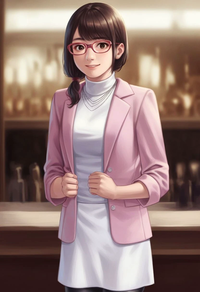 score_9_up, score_8_up, score_7_up, score_6_up, score_5_up, score_4_up, 1girl, solo, middle-aged, yuki_kiwami2, glasses, brown eyes, pink jacket, white turtleneck dress, necklace, black pantyhose, cute smile, in a nightclub, (painted art:1.3)