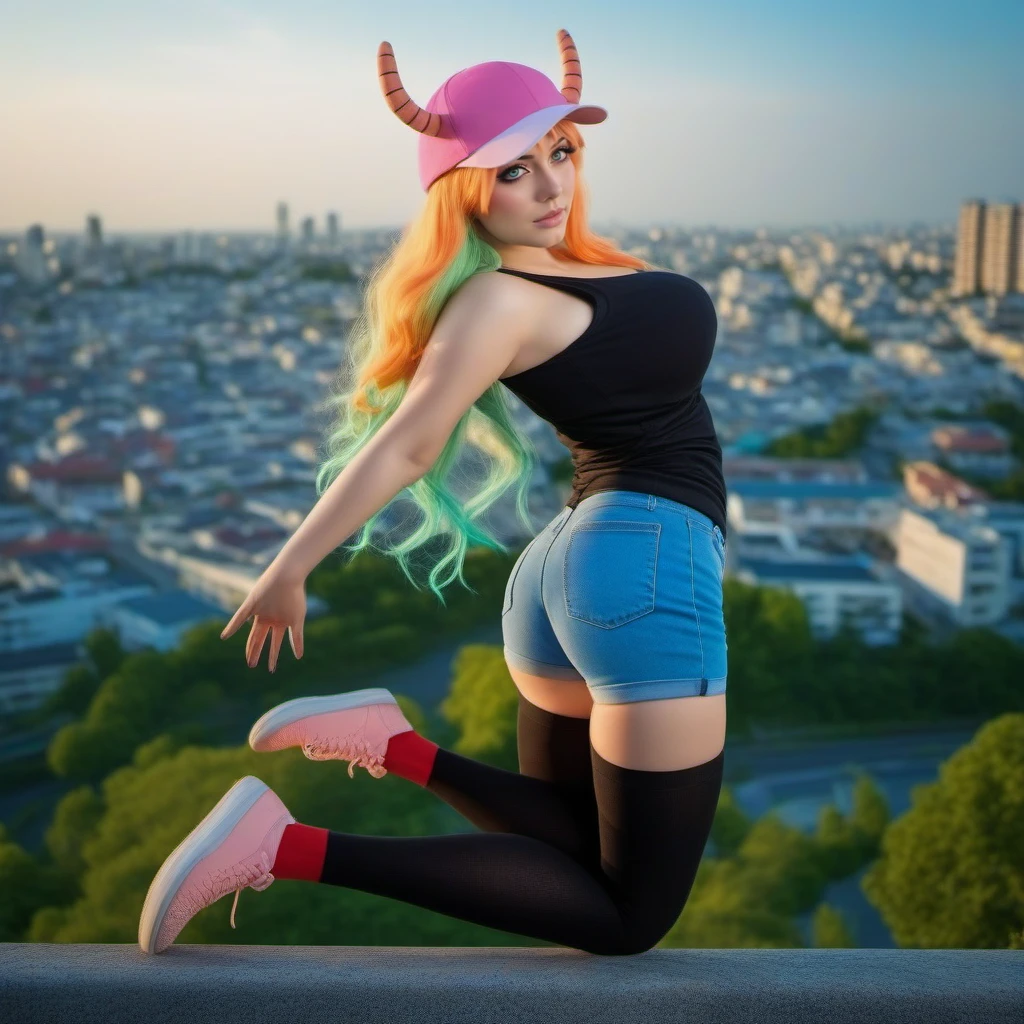 cinematic photo a full body woman, massive breast, cleavage, black top, heterochromia, long gradient hair, thighhighs, orange horns through pink baseball cap, jeans shorts, red cheeks, view from top, japanese city background  <lora:Lucoa1024:0.8> . 35mm photograph, film, bokeh, professional, 4k, highly detailed