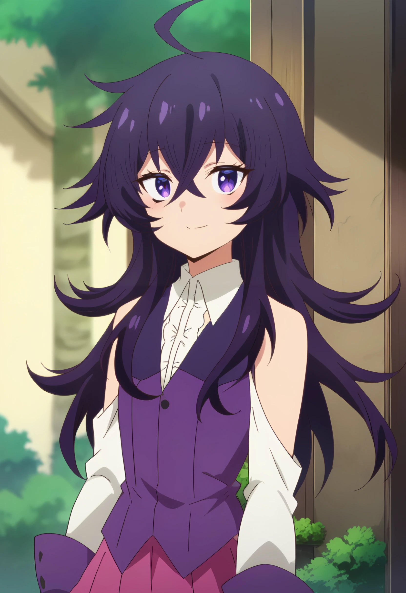 <lora:Belano:1> belano, long hair, purple hair, purple eyes, hair between eyes, 1girl, solo, ahoge, pink skirt,white shirt, long sleeves, messy hair, brown gloves, bare shoulders, purple vest, detached sleeves, looking at viewer, smile, upper body, score_9, score_8_up, score_7_up, , anime coloring ,BREAK source_anime, anime