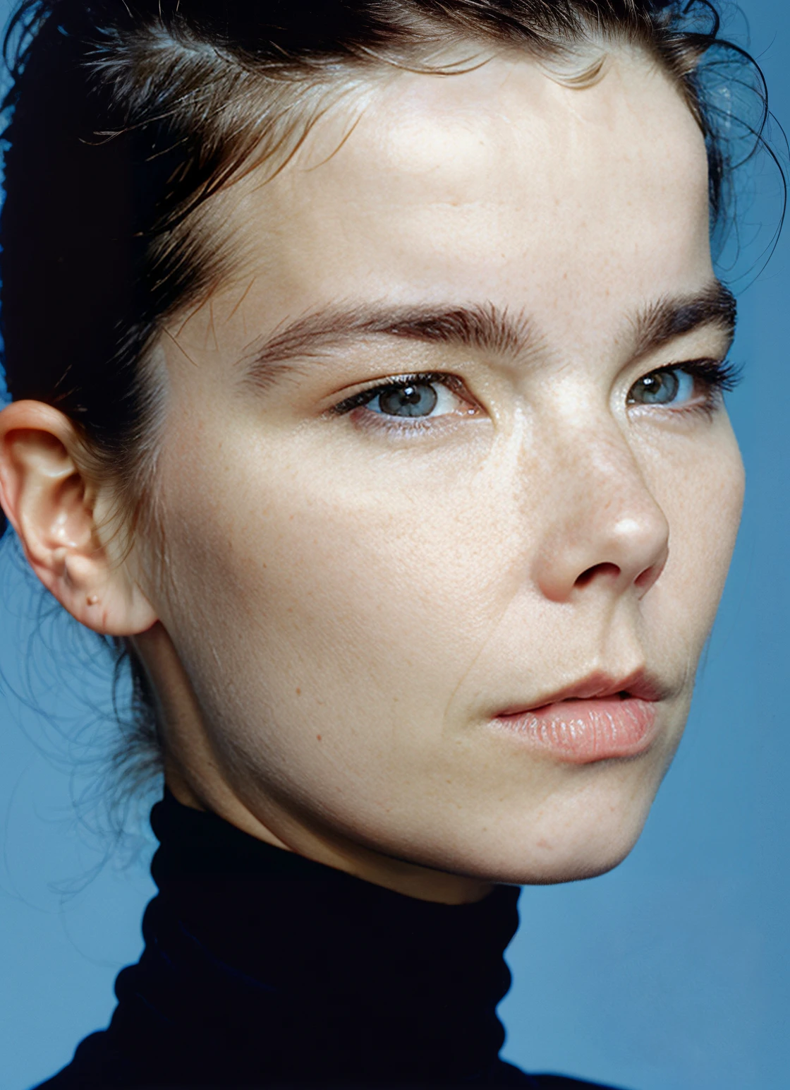 A stunning intricate full color portrait of (sks woman:1), wearing a black turtleneck, epic character composition, by ilya kuvshinov, alessio albi, nina masic, sharp focus, natural lighting, subsurface scattering, f2, 35mm, film grain,
 Smirk, machine face, fine details, realistic shaded, intricate, elegant,
intricate portrait photo of beautiful sks woman, cn ink, blue background<lora:cn_ink:0.25>
<lora:locon_perfecteyes_v1_from_v1_64_32:0.2> perfecteyes,
(metart), best quality, ultra high res, 8K, raw,
(highly detailed skin, fully sharp: 1.2),, <lora:locon_bjork_v1_from_v1_64_32:0.7> <lora:lora-small-bjork-v1:0.65>