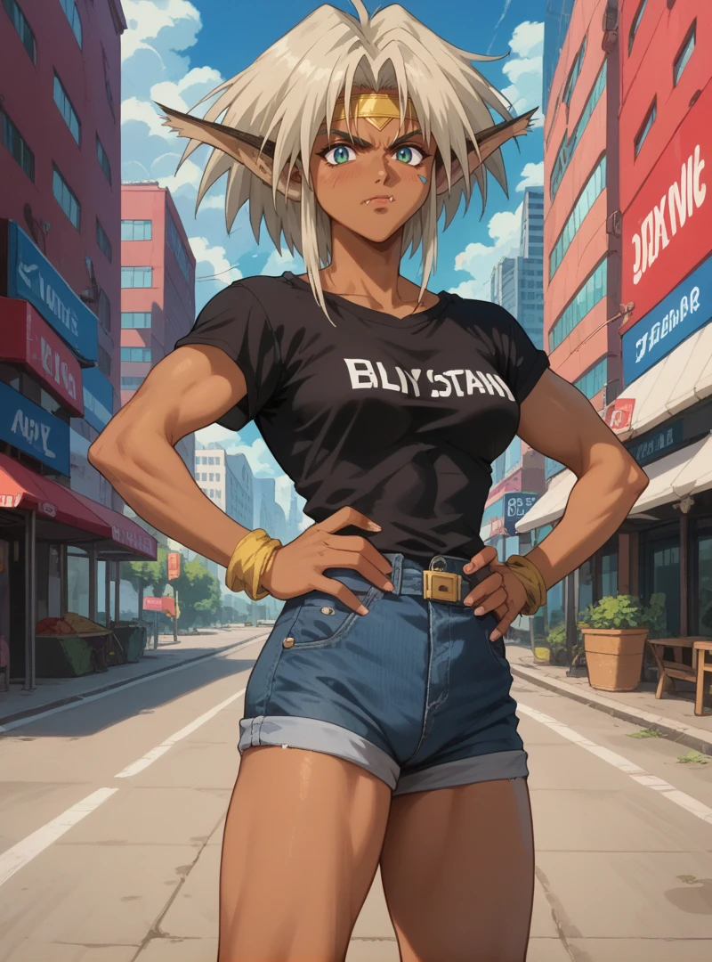 (score_9,score_8_up,score_7_up), <lora:Outlaw_Star_Aisha:1>, olsaisha, standing, hands on hips, black tee-shirt, denim shorts, solo, annoyed expression, fang, outdoors, city background,