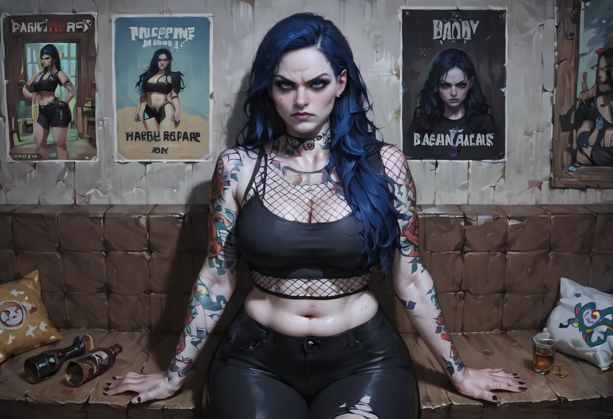 <lora:RavenPXL:0.8> RavenPXL, 1girl, solo, drunk, ruined make up, glaring, closed mouth, fishnet crop top, living room, wooden wall, poster \(object\), large breasts, wide hips, thick thighs,