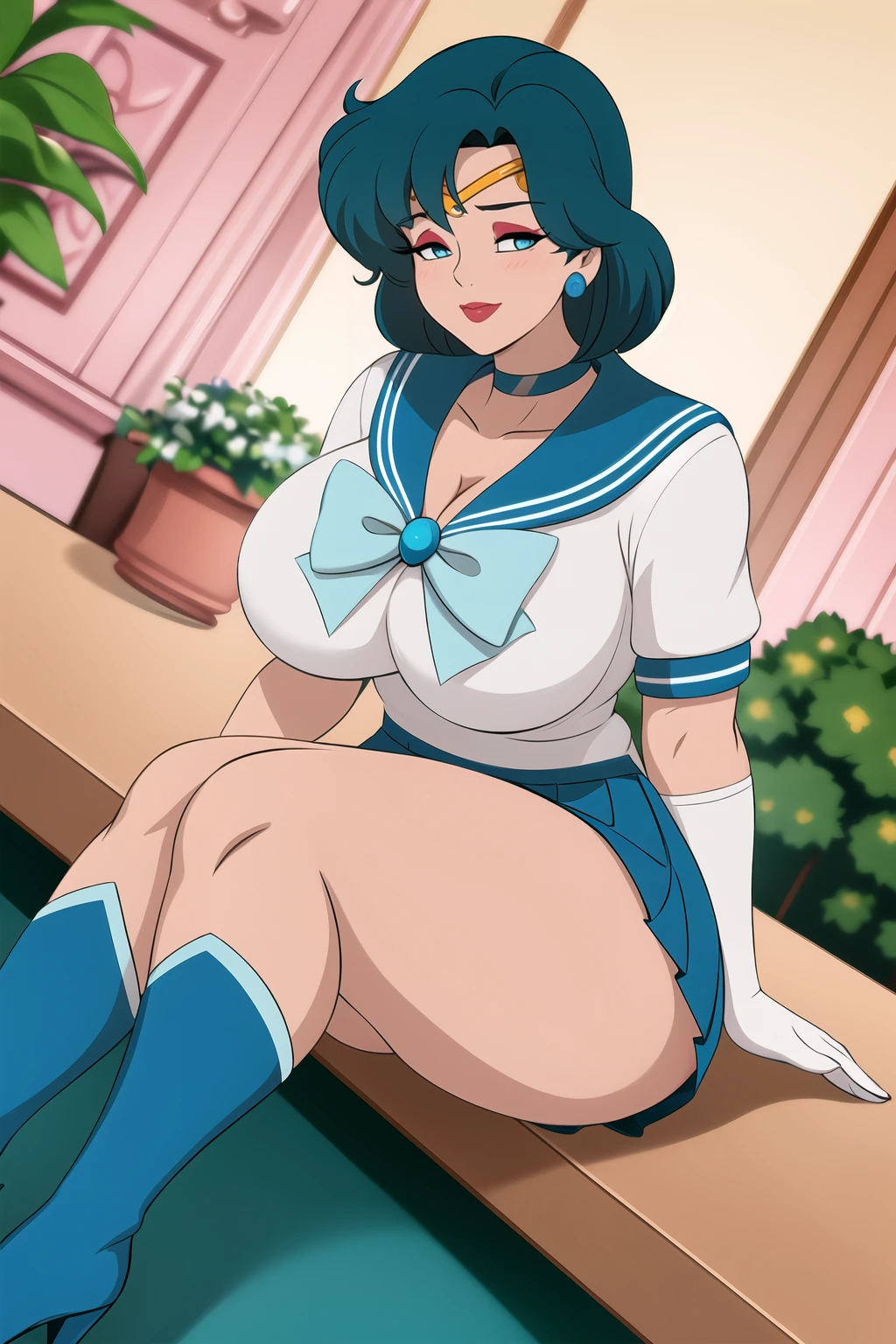 best quality,masterpiece,1girl, solo,,Sailor Mercury, Ami Mizuno, neck ribbon, blue hair, short hair, circlet, jewelry, crescent earrings,in classroom
