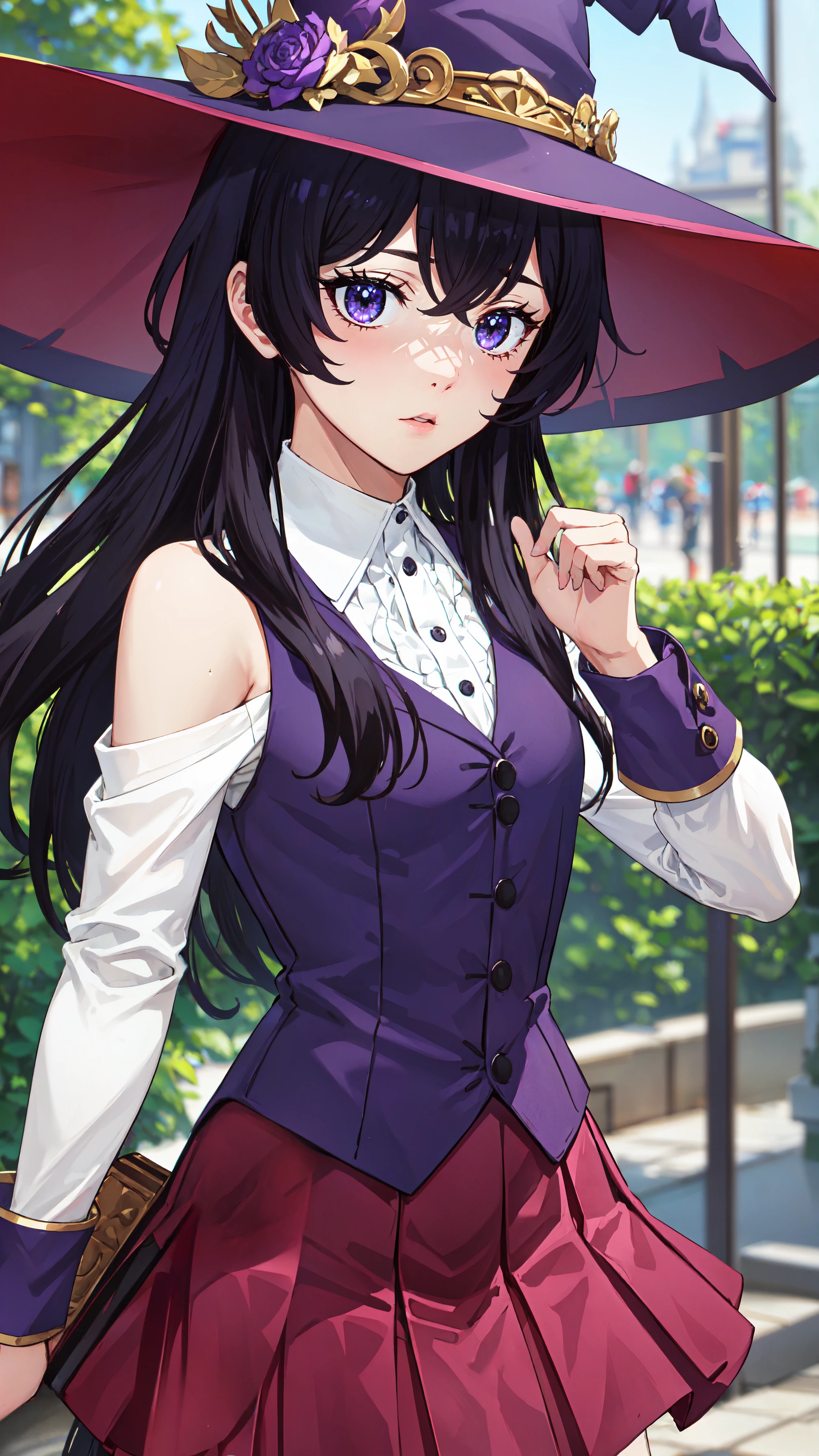 photorealistic, (4k), depth of field, (Masterpiece), (realistic skin texture), extremely detailed, intricate, hyper detailed, professional photography, bokeh, high resolution, sharp detail, best quality, girl, long hair, purple hair, purple eyes, witch hat, white collar, purple vest, white sleeves,, bare shoulders, shoulder cutout, pink pleated skirt, <lora:GoodHands-vanilla:0.4>, <lora:detail_slider_v4:0.8> , dynamic pose, (shushing), <lora:Belano:0.7>