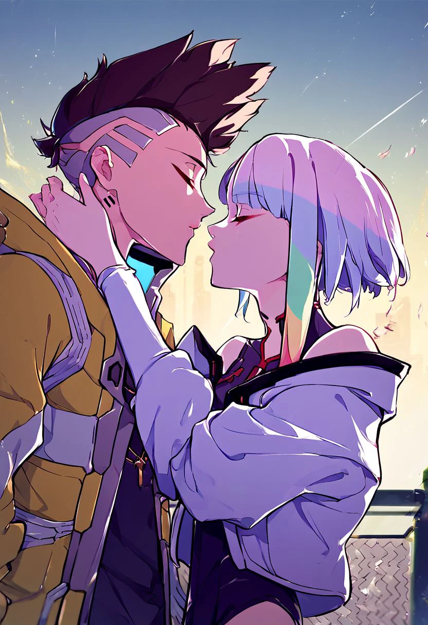 (Xmultipkex,Xmartinezx,Xlucyx:1.0),score_9, score_8_up, score_7_up, source_anime, rating_safe,couple portrait 1girl and 1boy kisses in futuristic city (x2077x:1.0)