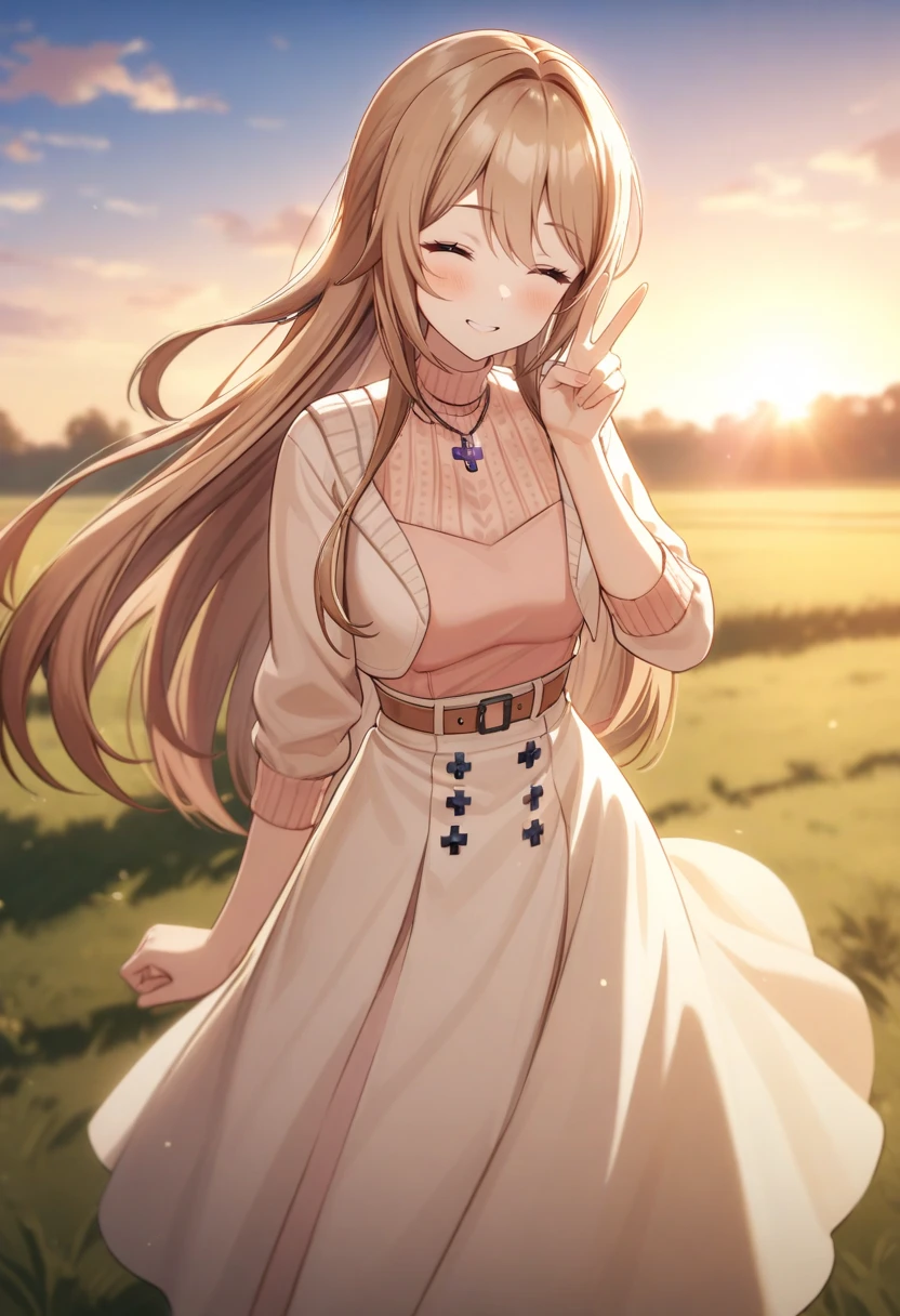 Kaede-outfit2,looking at viewer,medium skirt,dark,shadow,V,smile,closed eyes,
outdoors,field,sunset,
walking,cowboy shot,<lora:KaedeV3:0.9>,looking to the side,, cinematic light,masterpiece,best quality,very aesthetic,absurdres,incredibly absurdres,<lora:add_detail:1>,