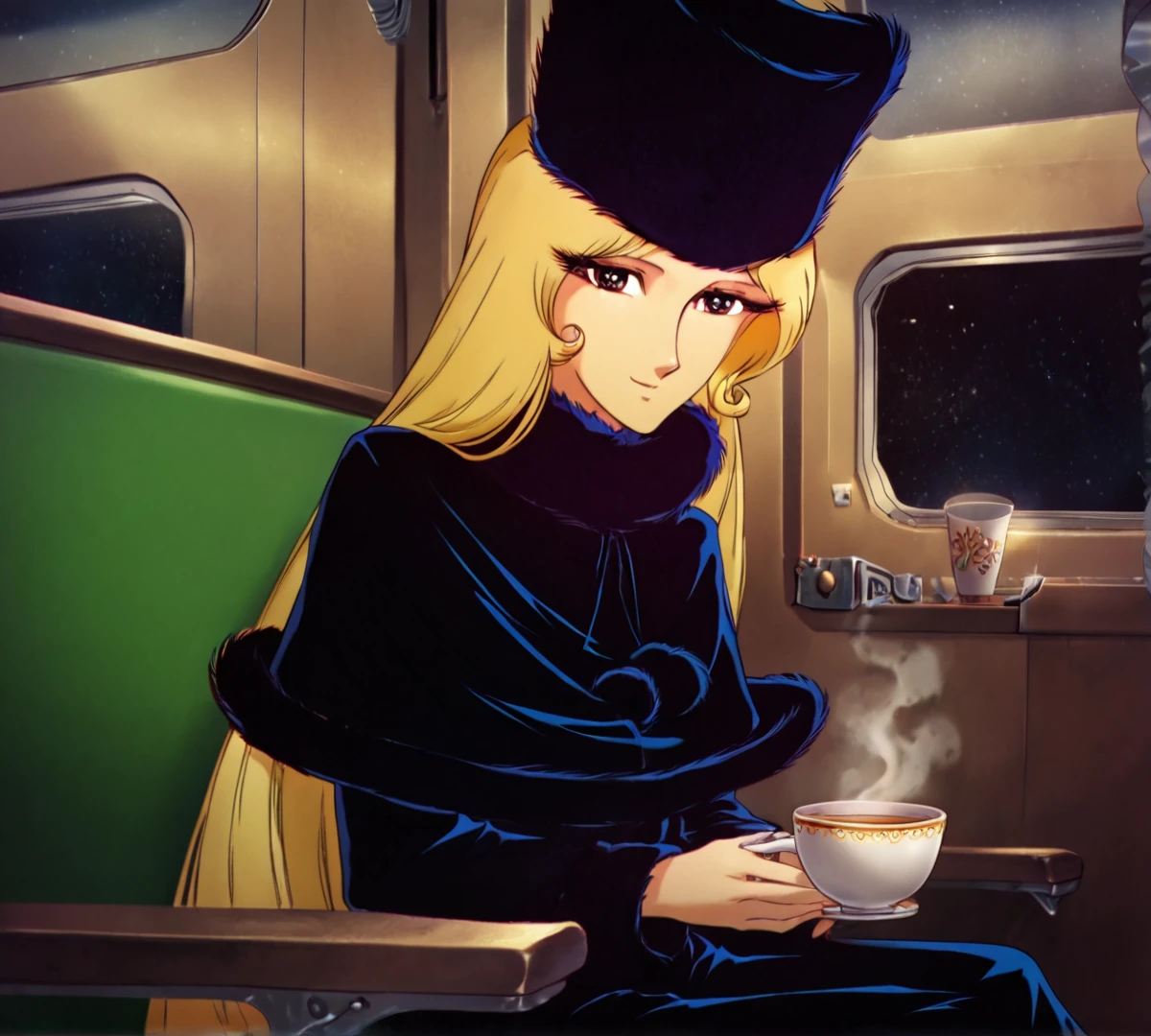 Maetel, retro style, 1980s, zPDXL, best quality, amazing quality, score 9, 1girl, sitting, train, tea cup, holding cup, steam, smile, looking at viewer, train seat, fur hat, black clothes, capelet, <lora:Maetel:1>