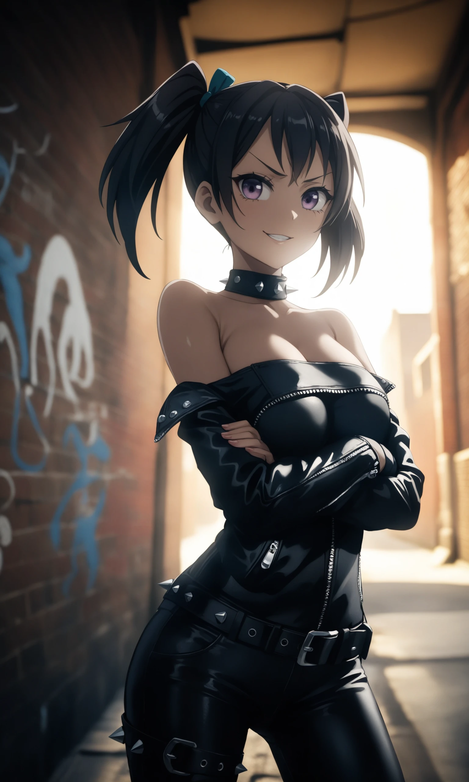 anime,amazing quality,masterpiece,best quality,awesome,inspiring,cinematic composition,soft shadows,Film grain,shallow depth of field,highly detailed,high budget,cinemascope,epic,OverallDetail,color graded cinematic,atmospheric lighting,imperfections,natural,shallow dof,
1girl,solo,looking at viewer,kurumi_ebisuzawa,twin tails,hair ribbon,leather jacket,leather pants,strapless bra,black jacket,tight pants,black chocker,zipper,fingerless gloves,biker clothes,spikes,unzipped,shoulder spikes,multiple belts,shiny clothes,(graffiti:1.2),brick wall,dutch angle,crossed arms,breast hold,arms under breasts,evil smile,smile,parted lips,v-shaped eyebrows,