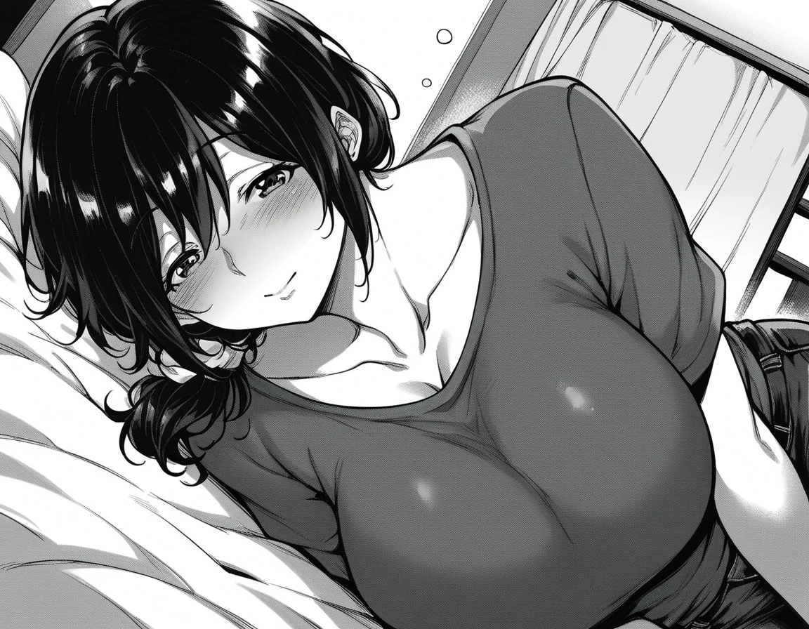 Sucking a condom in your mouth、female、Shortcuts、Embarrassed face、bed、inner color hair、NSFW、Clothes are see-through and nipples are visible