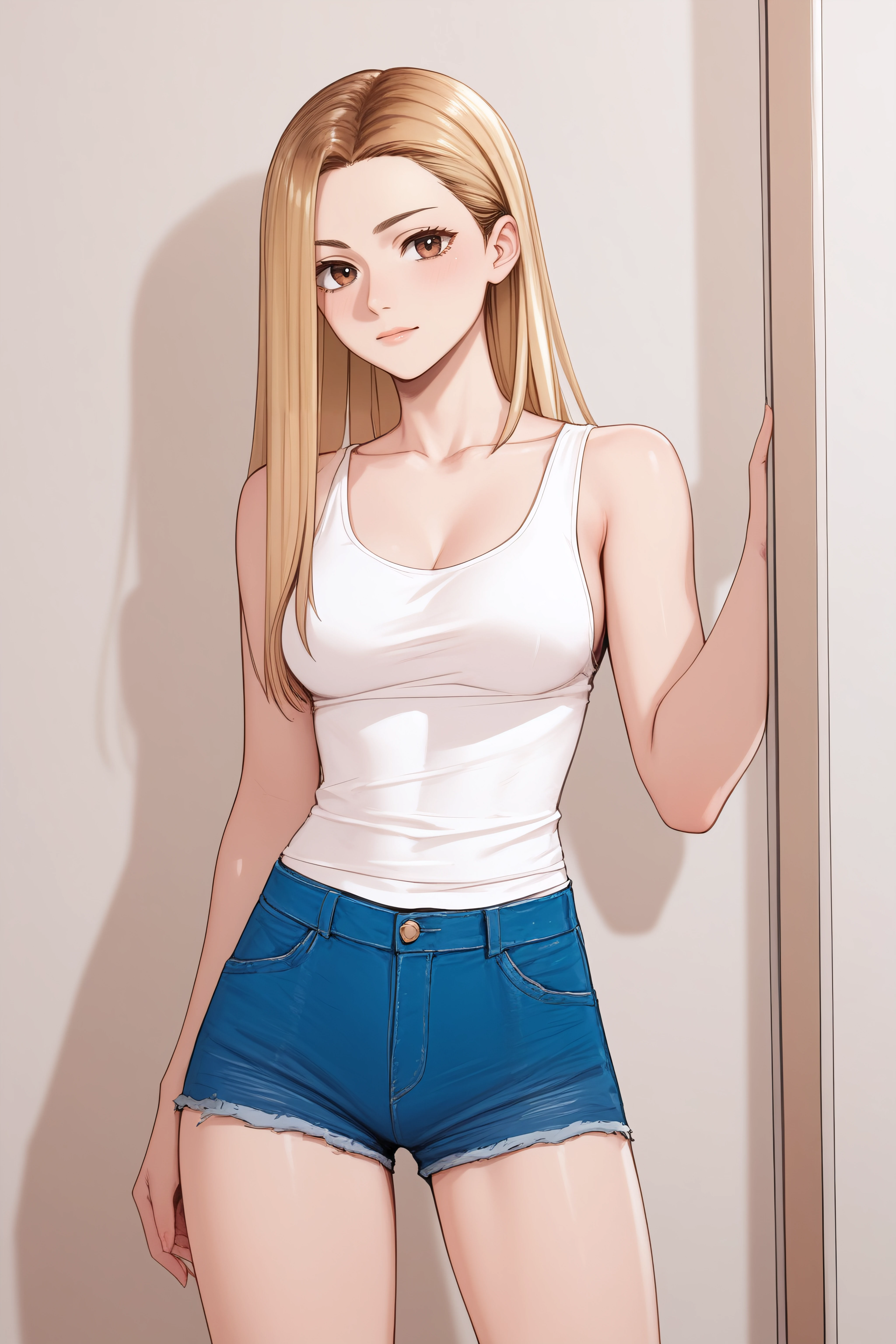 score_9, score_8_up, score_7_up, <lora:Jia Han-PonyXL-lora-Faxtron:0.8> jia han, brown eyes, blonde hair, multicolored hair, long hair, medium breasts, white tank top, bare shoulders, collarbone, sleeveless, blue denim shorts, standing,