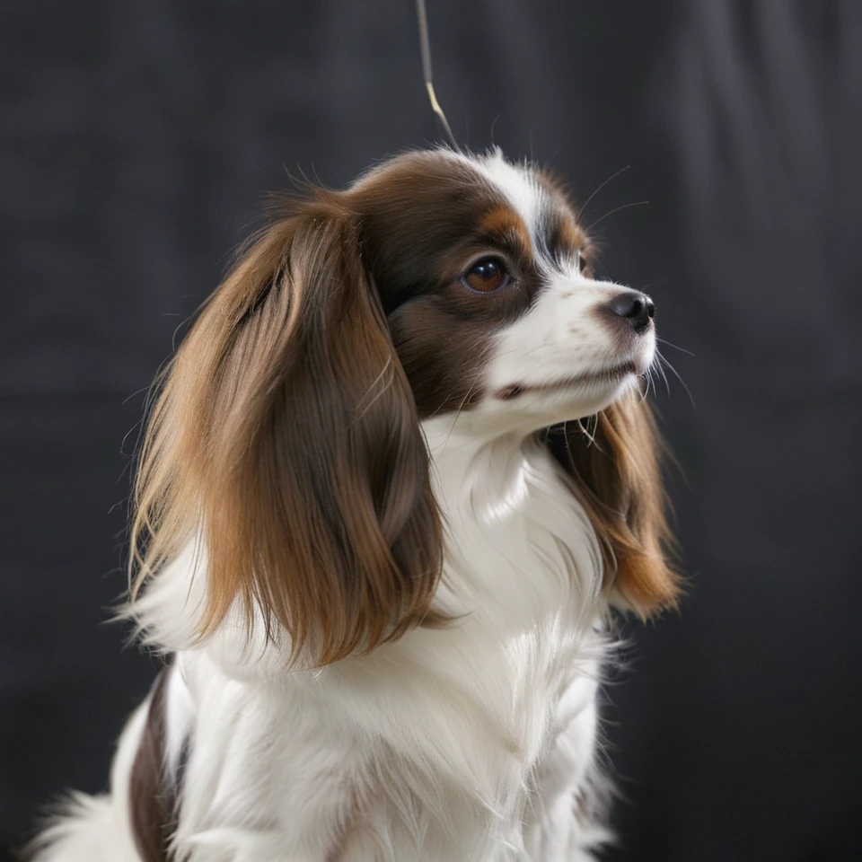 realistic upper body photograph of head (profile:1.1) of brown-white continental toy spaniel (Phalene:1.1)  dog having (long-hair ears:1.3) (head:1.1), The dog has a narrow white blaze between the eyes, the dog's forehead hangs over its muzzle
BREAK illustration, flat vector graphics, (monochrome two colors:1.2), thin sharp outline, sticker imitation, NOBLEDOGS_CTS  <lora:NOBLEDOGS_CTS-000017:0.65>