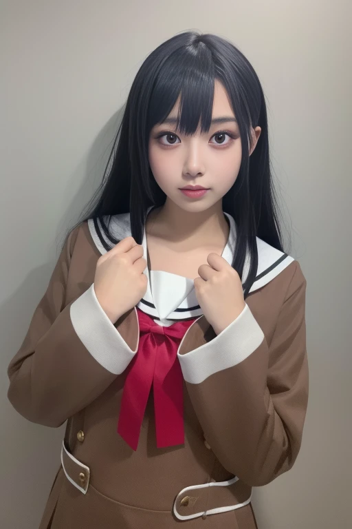 ltra-detailed,highly detailed,best quality,masterpiece,illustration,realistic,photorealistic,
bangdream,
1girl, solo, cosplay,
school uniform, serafuku, sailor collar, long sleeves,
buttons, bow, bowtie, double-breasted,
long hair, bangs, black hair,
looking at viewer, upper body,
grey background, simple background,
<lora:bangdream_hxc_v1_04:0.8>