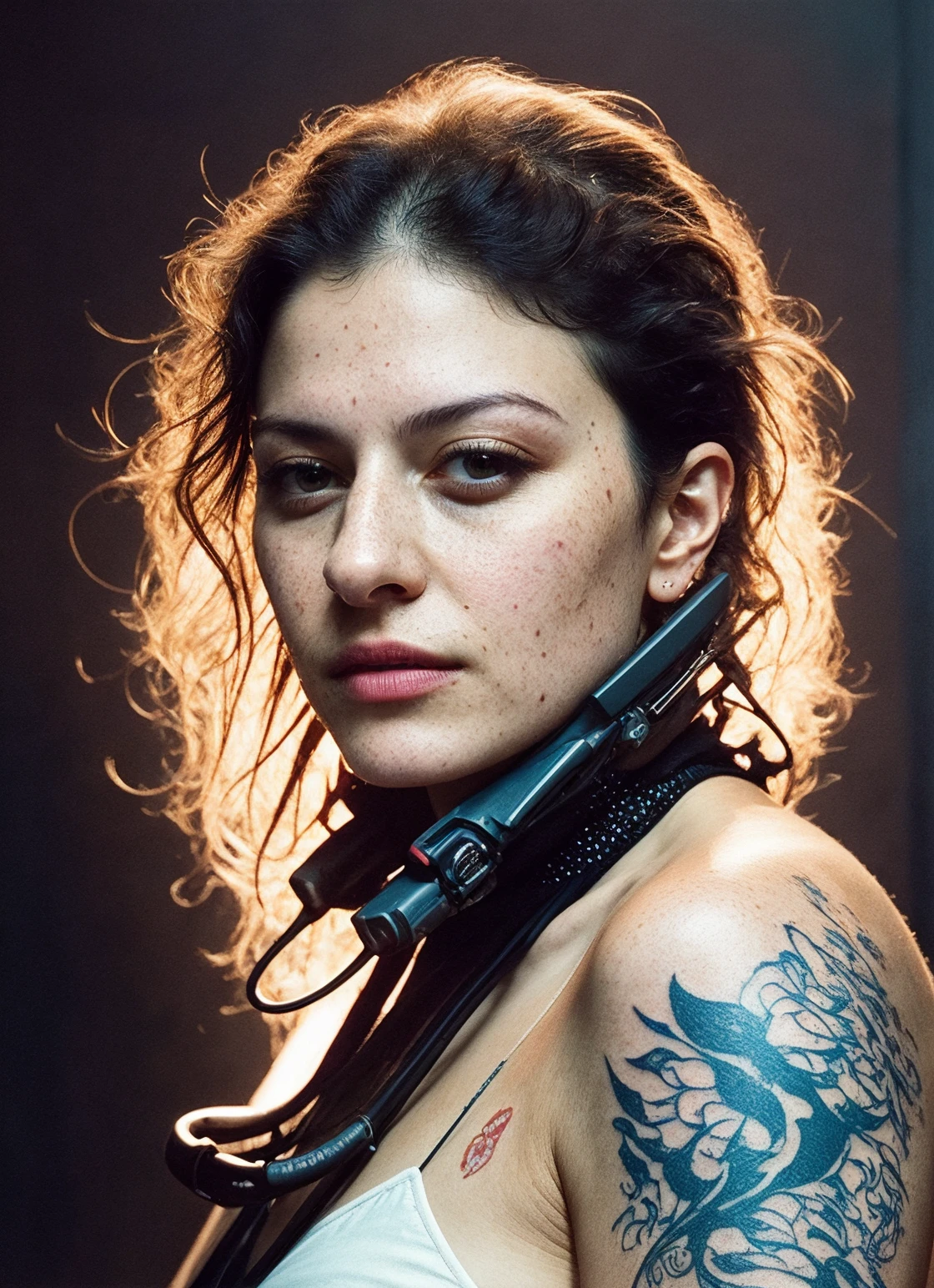 Detailed render 3d illustration portrait cyberpunk (sks woman) (35 year old sks woman), futuristic neon reflective wear, sci-fi, robot parts, ismail inceoglu dragan bibin hans thoma greg rutkowski alexandros pyromallis nekro rene margitte illustrated, perfect face, ((tattoo)), matte skin, pores, wrinkles, hyperdetailed, hyperrealistic, Moody Lighting, Hasselblad Award Winner, Soft Diffuse Lighting, Smirk, machine face, fine details, realistic shaded, intricate, elegant,
intricate portrait photo of beautiful sks woman, cn ink, cyan background, eyeshadow <lora:cn_ink:0.3>
skindentation, <lora:skindentation_1:0.15> <lora:skinup:0.15>
<lora:locon_perfecteyes_v1_from_v1_64_32:0.2> perfecteyes,
(metart), best quality, ultra high res, 8K, raw,
(highly detailed skin, fully sharp: 1.2),
(epiCPhoto:0.6) <lora:skin_slider_v2_1_FACE:0.3>, matte skin, pores, <lora:locon_aliashawkat_v1_from_v1_64_32:0.7> <lora:lora-small-alia-shawkat-v1:0.65>