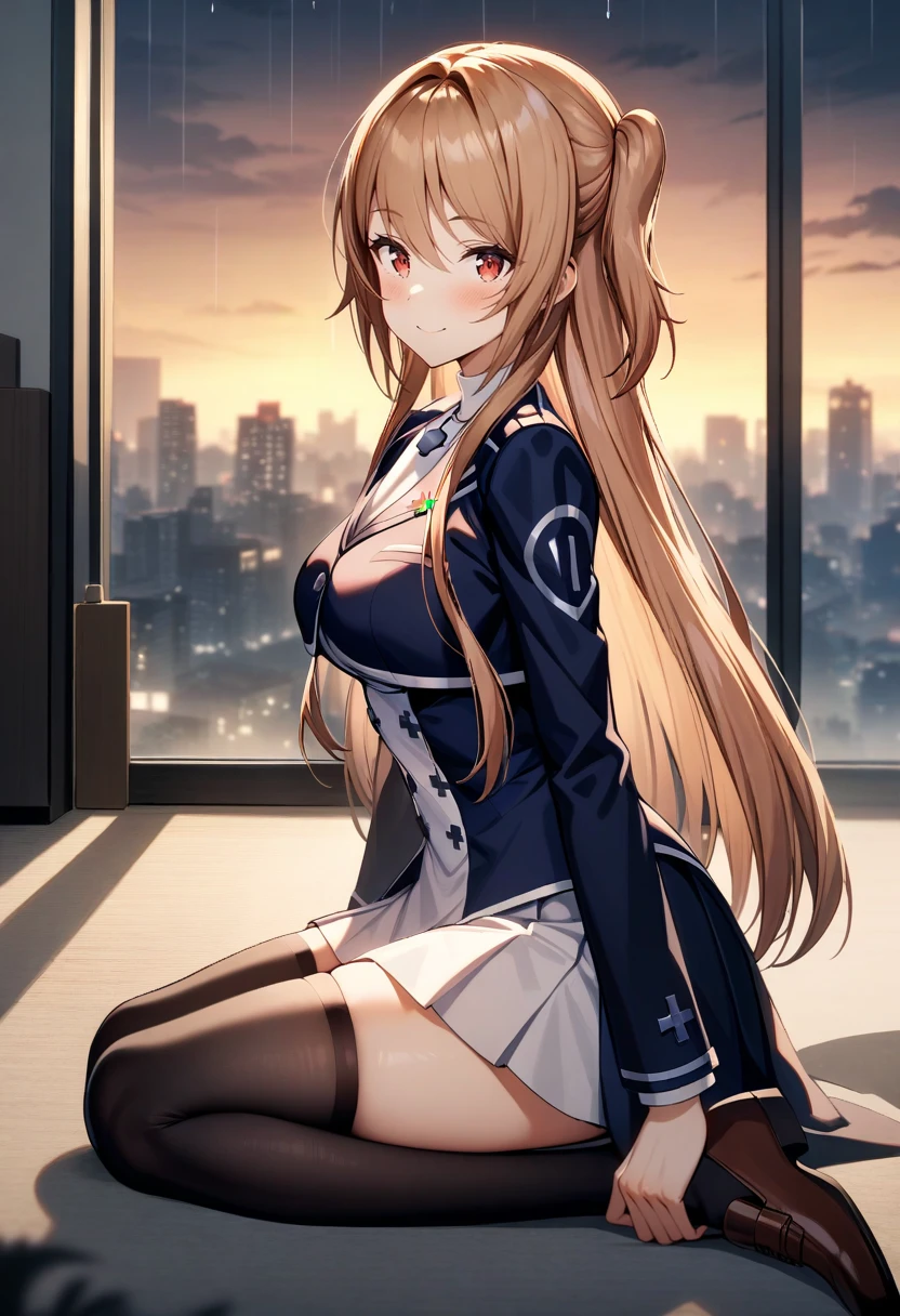 Kaede-outfit1,looking at viewer,medium skirt,microskirt,night,dark,black thighhighs,brown shoes,
indoors,modern villa,skyscraper,rain,floor to ceiling windows,skyline,dusk,cloud,
wariza,<lora:KaedeV3:1>,smile,on floor,from side,arm support,, cinematic light,masterpiece,best quality,very aesthetic,absurdres,incredibly absurdres,<lora:add_detail:1>,