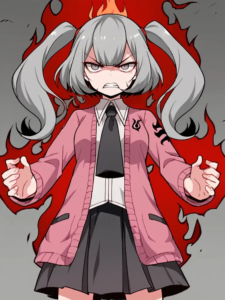 score_9, score_8_up, score_7_up, source_anime, 2D, flat colors, flat shadows, anime_screencap, <lora:marygolandpony:1>,
1girl, solo, meirisenhime, grey hair, twintails, grey eyes, pink cardigan, white shirty, black necktie, black skirt, school uniform, standing, serious, underworld, hell, flames, aura, dark aura, magic, dynamic pose, clenching teeth