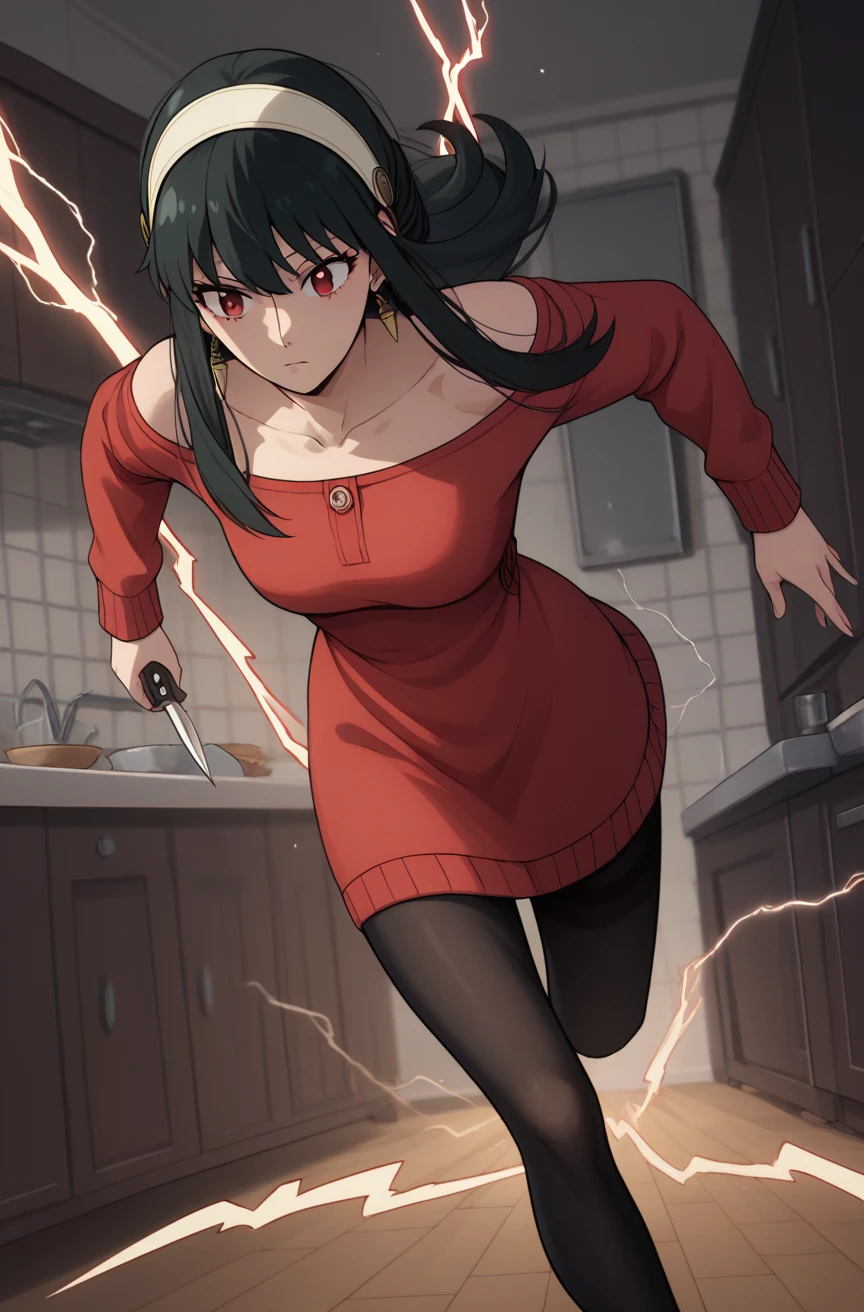 score_9, score_8_up, score_7_up, source_anime, <lora:Superspeed:0.9> electricity, running, motion blur <lora:yor-briar-s1-ponyxl-lora-nochekaiser:0.6> yor briar, black hair, red eyes, earrings, white hairband, hairband, long hair, sidelocks, || bare shoulders, collarbone, dress, long sleeves, off shoulder, off-shoulder dress, off-shoulder sweater, pantyhose, red sweater, sweater, sweater dress, thighs, holding kitchen knife