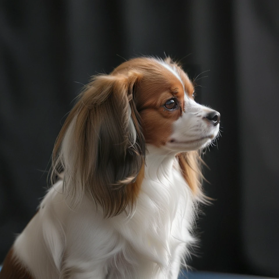 realistic upper body photograph of head (profile:1.1) of brown-white continental toy spaniel (Phalene:1.1)  dog having (long-hair ears:1.3) (head:1.1), The dog has a narrow white blaze between the eyes, the dog's forehead hangs over its muzzle
BREAK illustration, flat vector graphics, (monochrome two colors:1.2), thin sharp outline, sticker imitation, NOBLEDOGS_CTS  <lora:NOBLEDOGS_CTS-000017:0.65>