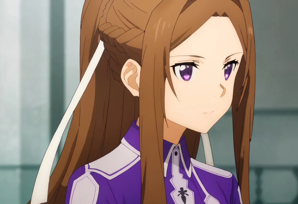 score_9, <lora:sortiliena_serlut:1> sortiliena serlut, 1girl, blurry, blurry background, braid, brown hair, hair intakes, hair ribbon, long hair, purple eyes, solo, sortiliena serlut, very long hair, white ribbon