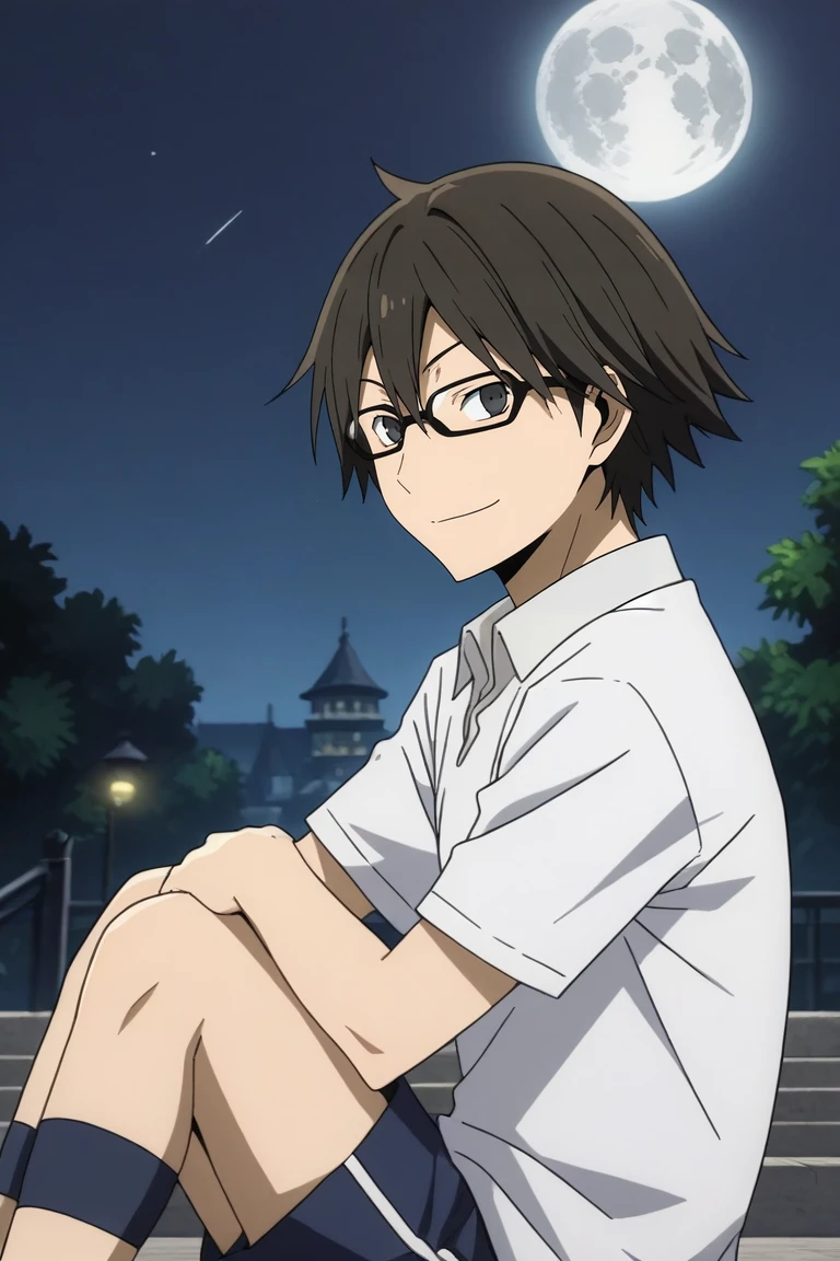 score_9, score_8_up, score_7_up, source_anime, rating_safe, , anime screencap, , official style, looking at viewer, , 1boy, solo, male focus, <lora:shinra_kishitani_pony:1>, shinra_kishitani, black hair, black eyes, glasses, from side, venice, gondola ride, night, full moon, knees up, naughty smile, gym shorts,, <lora:sdxl_lightning_8step_lora:1>