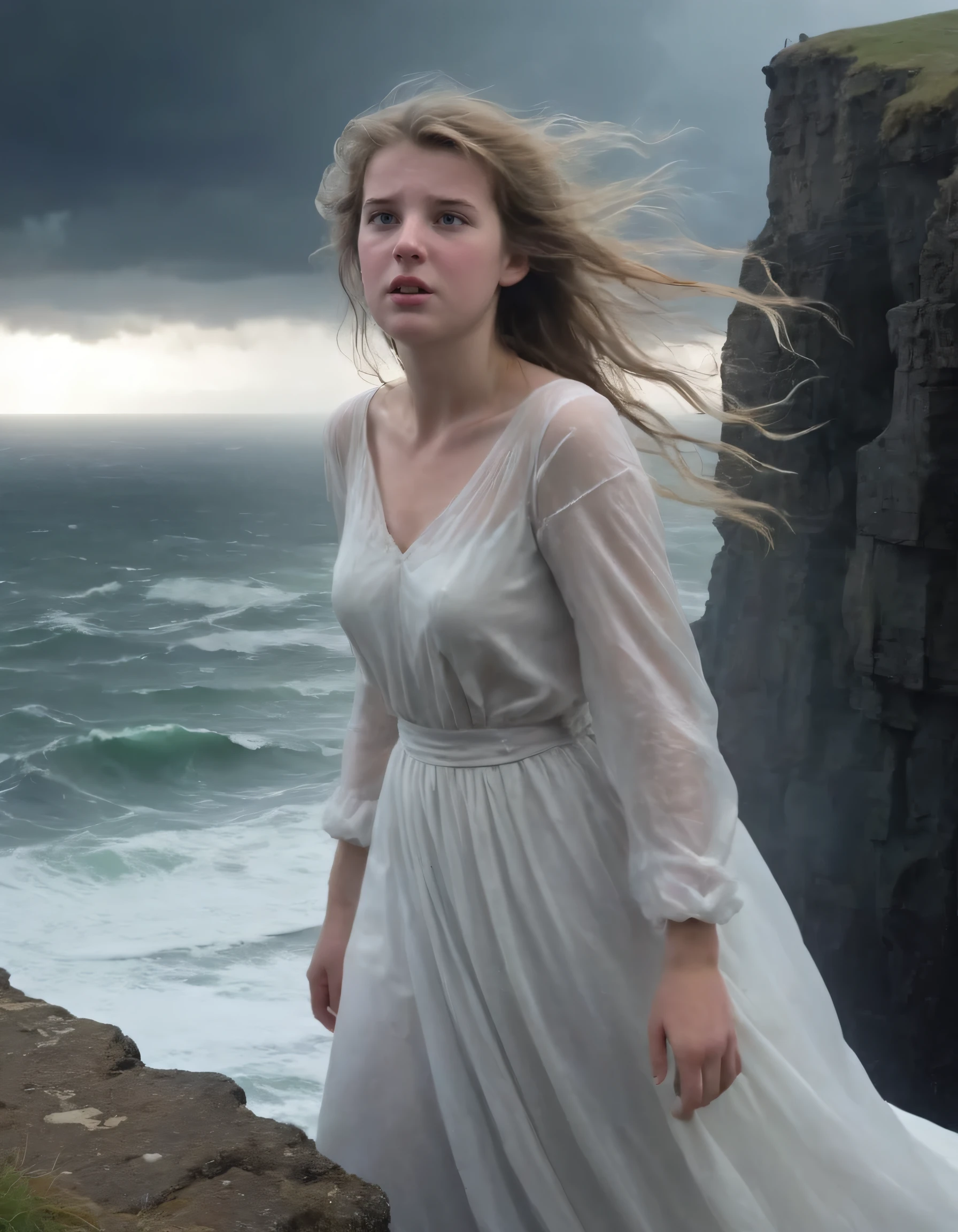 Eleaning elegantly upon the precipice of a crumbling cliff, Eileen gazes longingly into the tempestuous ocean below with eyes that seem to shimmer like the silver of moonbeams filtering through the ominous stormclouds above her, her flowing white gown billowing majestically in the gusts of wind, her expression a masterpiece of fearless determination and heartwrenching sorrow. Ellie <lora:gilxmy18fbb4fb71ds34:1>