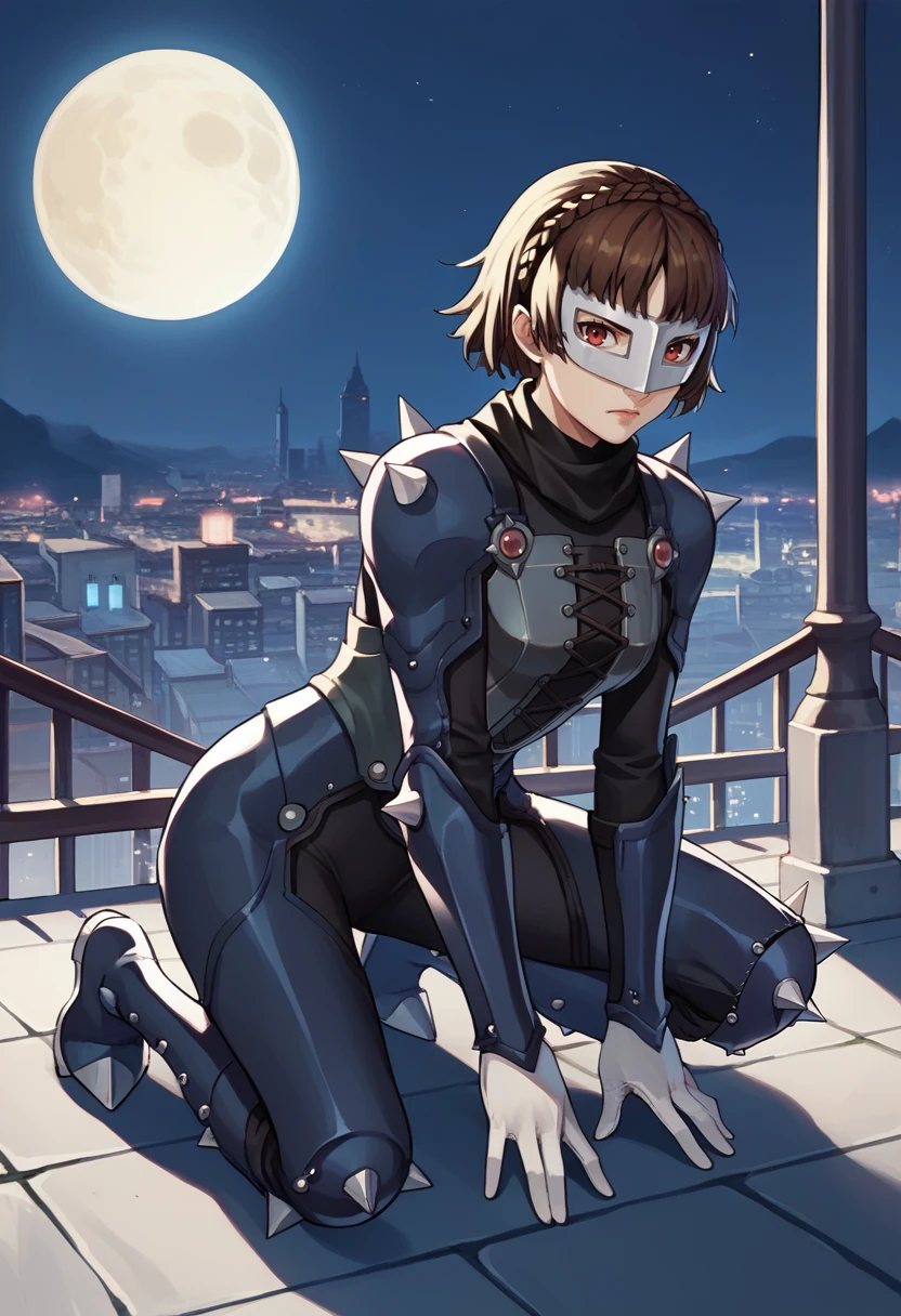 score_9, score_8_up, score_7_up, source_anime,  1girl, kneeling, on on knee, looking at viewer, serious, <lora:MakotoP5-pdxl:1> ptMako, mask, short hair, crown braid, bikesuit, shoulder spikes, black scarf, white gloves, armored boots, outdoors, night, full moon, city