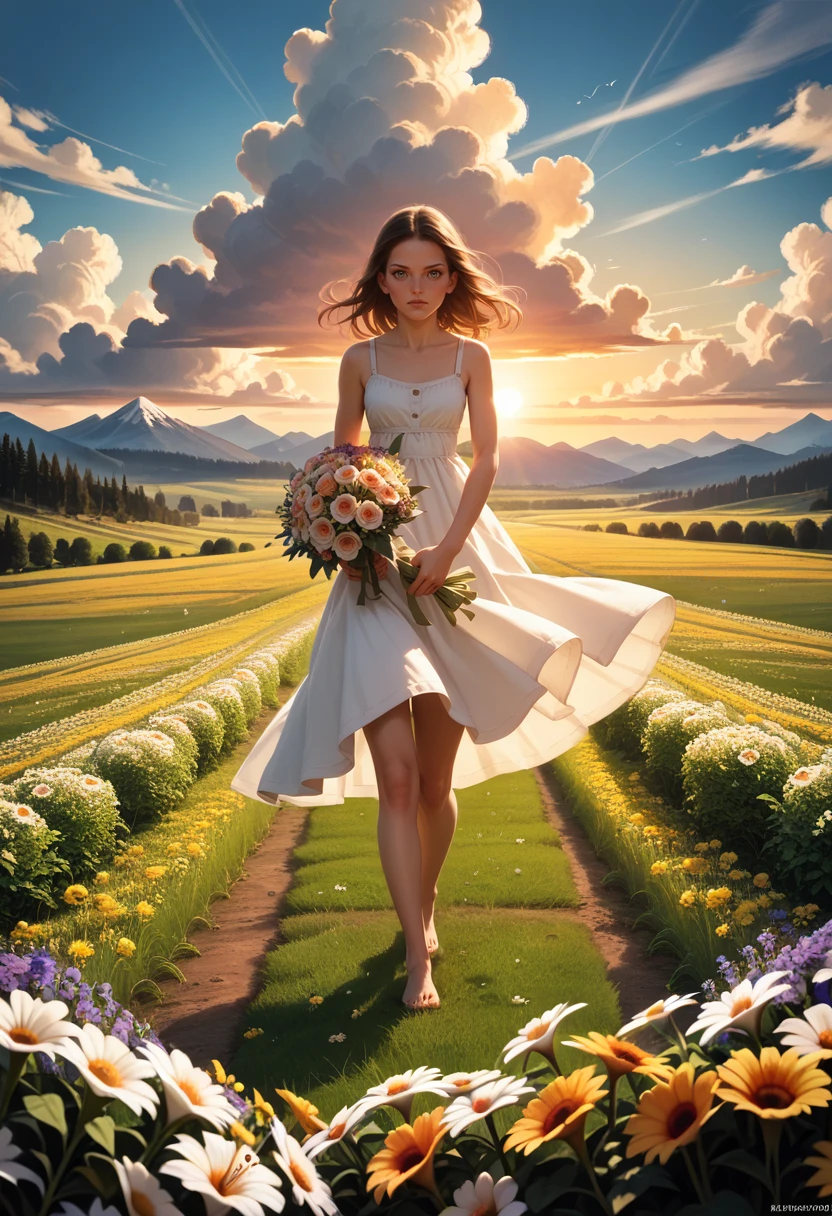 ((score_9), score_8_up, score_7_up), score_6_up, score_4_up, score_5_up, artful dreamy masterpiece, 1girl, closeup, sundress, field of flowers, mountainous landscape, holding bouquet of flowers, clouds, sunset, action-packet, dynamic pose, walking towards viewer