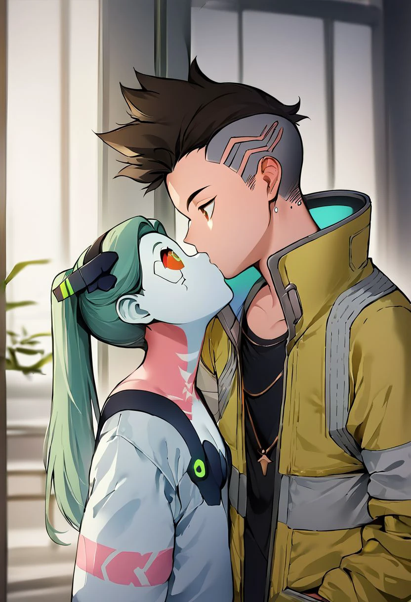 couple portrait,(xmultiplex:1 0),(Xmartinezx:1.0),(xrebecax:1.0),1boy and 1girl  kisses in futuristic city,score_9, score_8_up, score_7_up, source_anime, rating_safe,