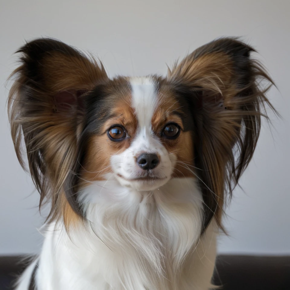 realistic upper body photograph of head (profile:1.1) of brown-white continental toy spaniel (Papillon:1.1)  dog having (long-hair ears:1.3) (head:1.1), The dog has a narrow white blaze between the eyes, the dog's forehead hangs over its muzzle
BREAK illustration, flat vector graphics, (monochrome two colors:1.2), thin sharp outline, sticker imitation, NOBLEDOGS_CTS  <lora:NOBLEDOGS_CTS-000018:0.65>