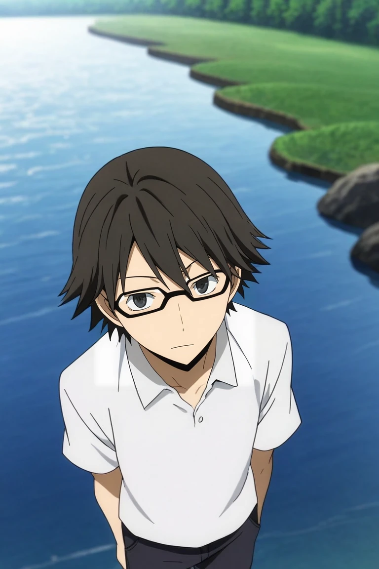 score_9, score_8_up, score_7_up, source_anime, rating_safe, , anime screencap, anime coloring, official style, looking at viewer, depth of field, 1boy, solo, male focus, <lora:shinra_kishitani_pony:0.96>, shinra_kishitani, black hair, black eyes, glasses, from above, lake, noon, w arms, :\3, dress shorts,, <lora:sdxl_lightning_8step_lora:1>